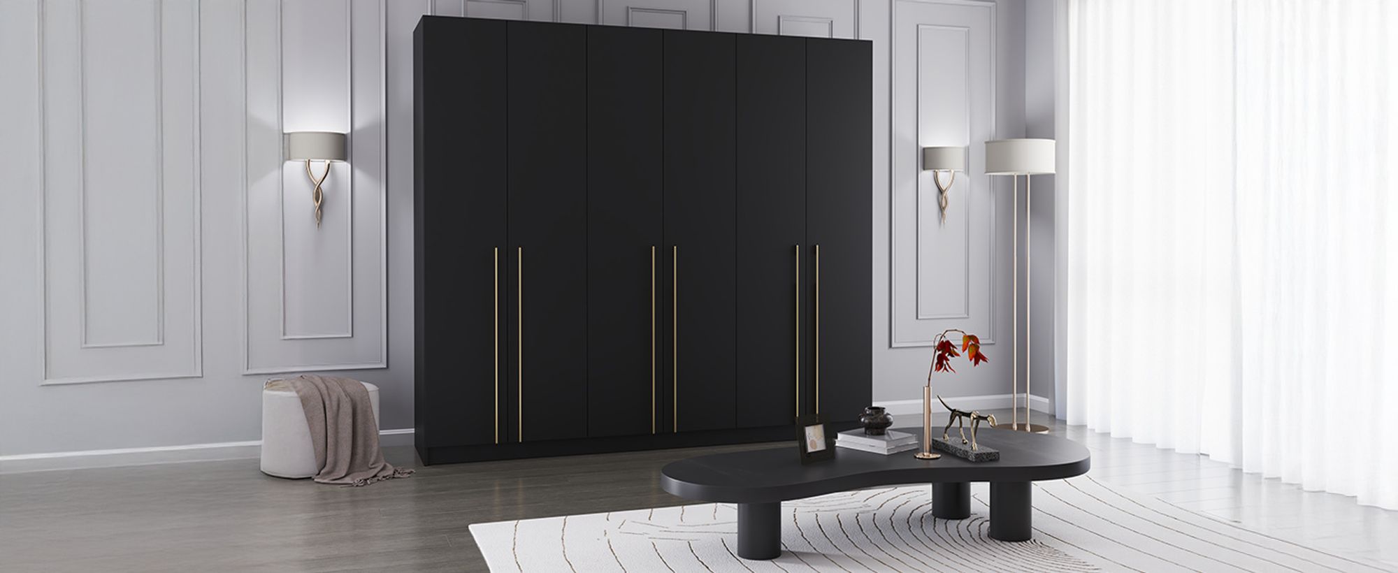 Drehtürenschrank Kleiderschrank Schrank 230 cm Schwarz/Schwarz sechstürig Rosa 02