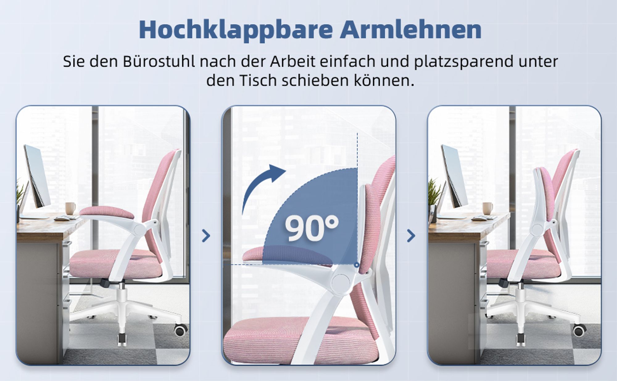 Marodic Bürostuhl Schreibtischstuhl 150kg Bürostuhl Ergonomisch mit 90° klappbaren Armlehnen, Wippfunktion 90°-125° Chefsessel Lordosenstütze, Rosa