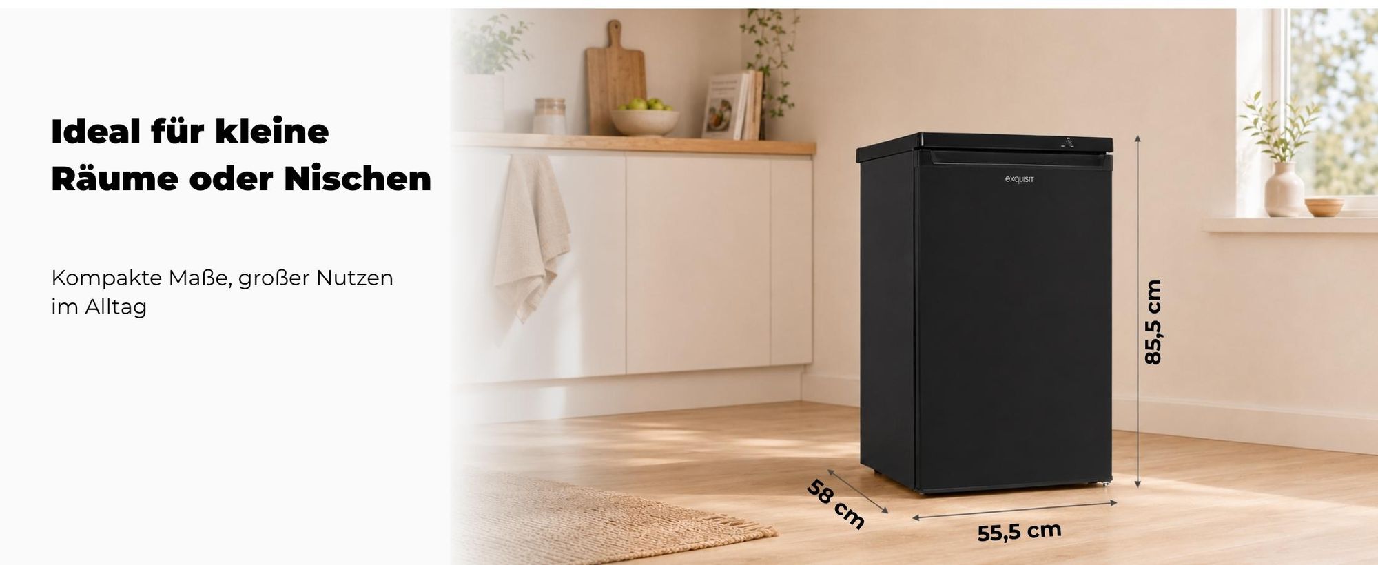 Exquisit Gefrierschrank 91 l kompakt | Energieklasse E | leise 40 dB | 85 cm Höhe | freistehend - unterbaufähig | GS512-040E schwarz | Schwarz