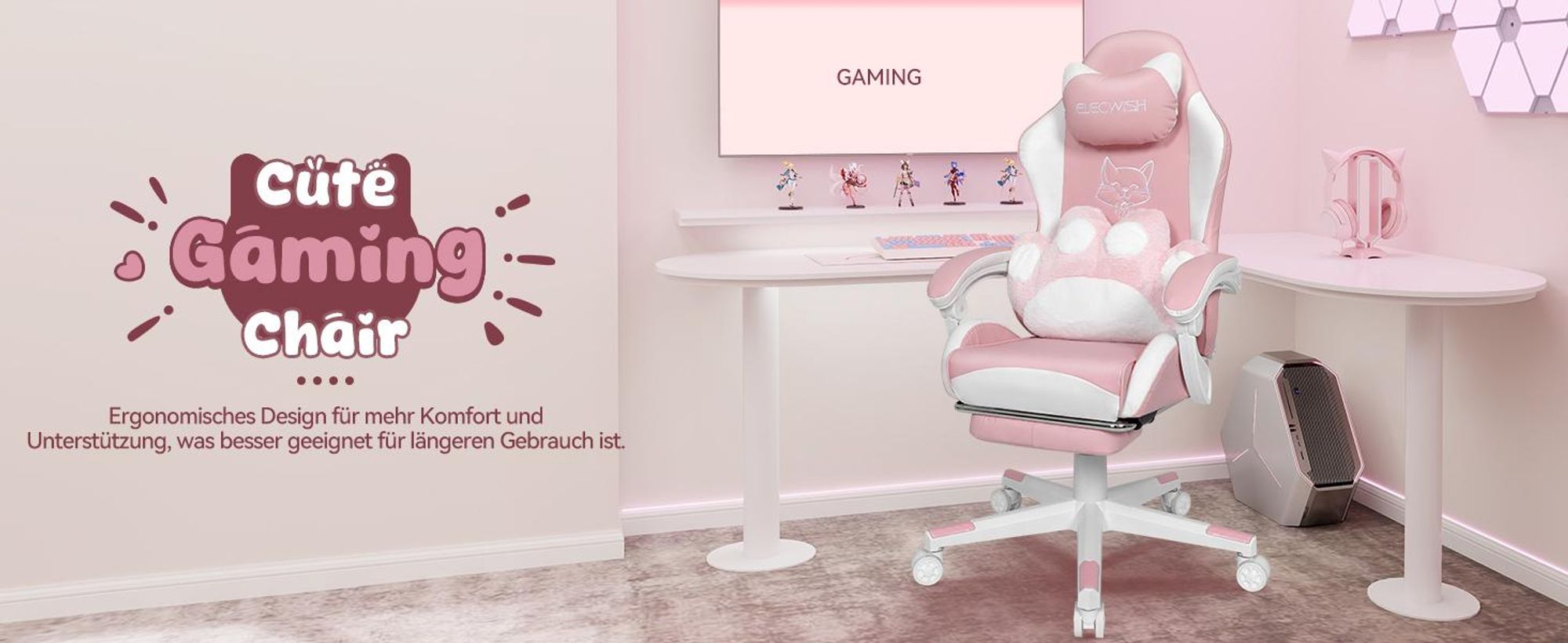 Puluomis Gaming Stuhl mit Fußstütze, Bürostuhl Chefsessel Schreibtischstuhl Racing Stuhl ergonomisch drehbar höhenverstellbar Katze Weiß Pink
