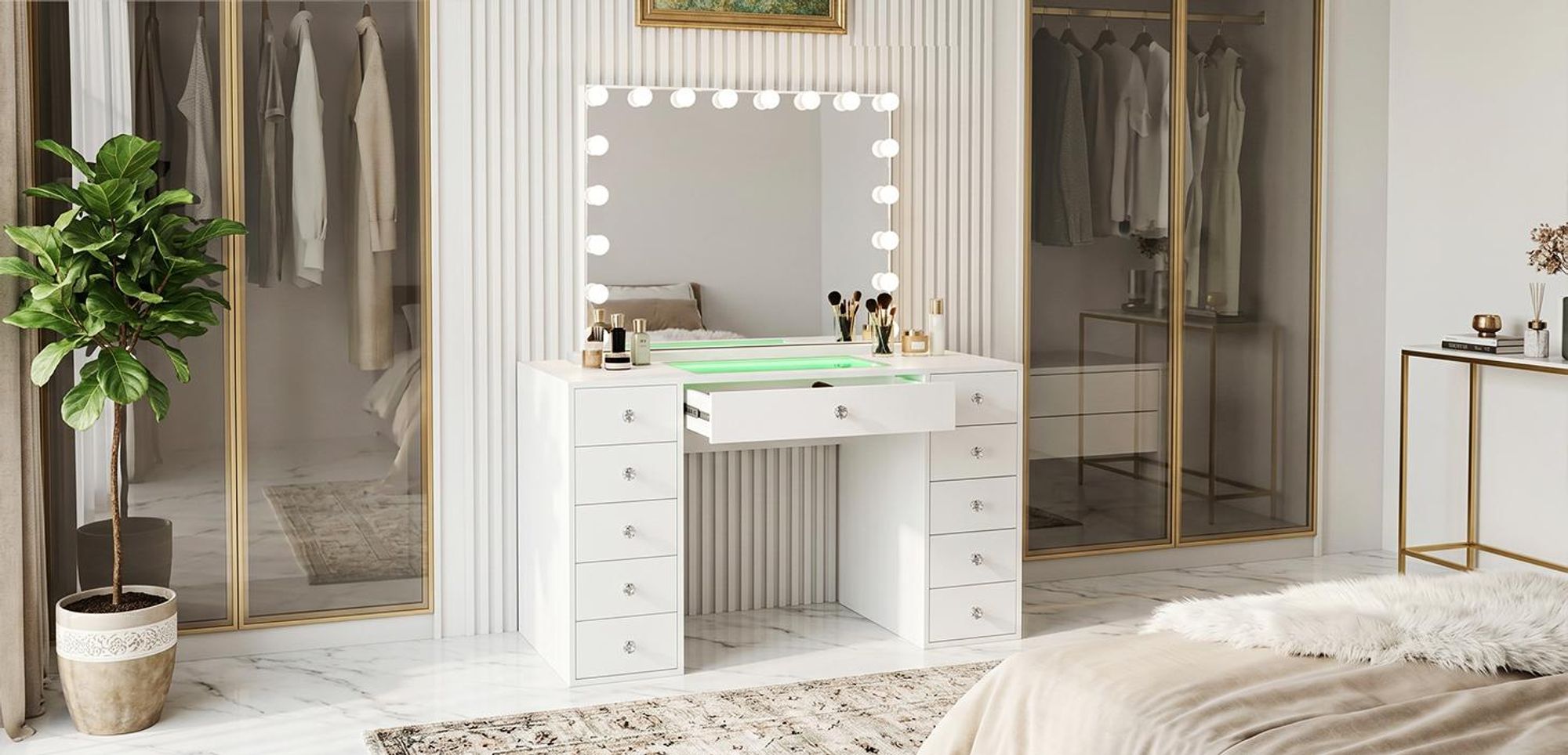 Coiffeuse avec Miroir LED, 11 Tiroirs Blanc 130 x 55 x 157 cm