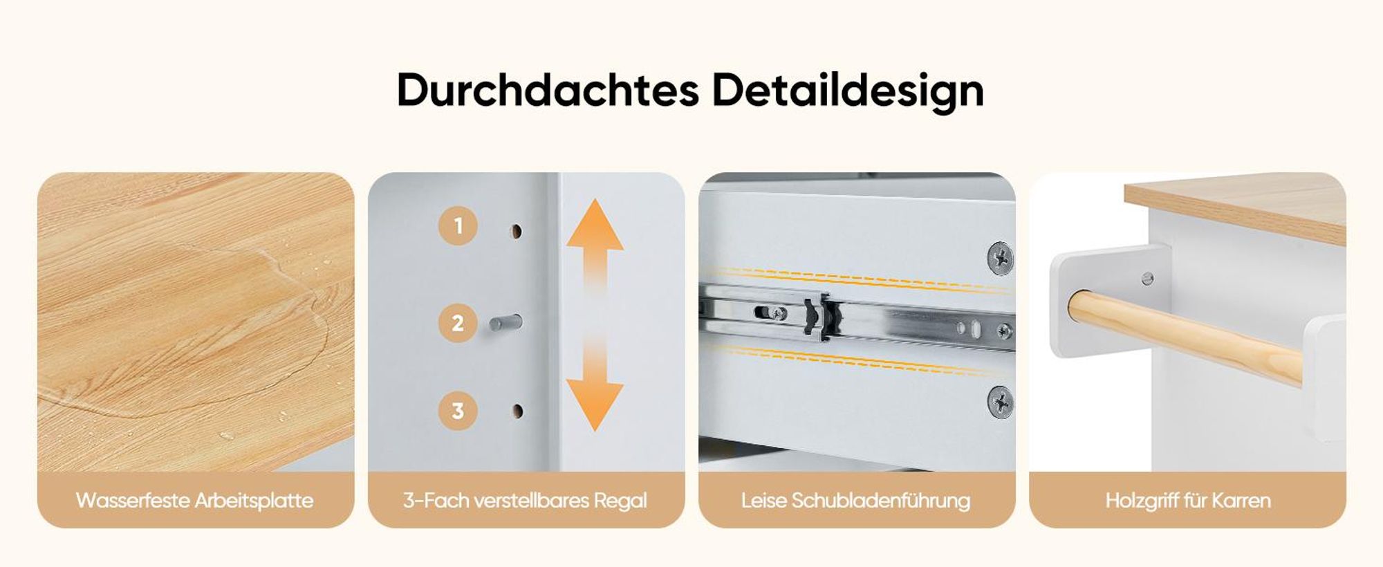 HOKEEPER Küchenwagen mit Handtuchhalter und Gewürzboard, küchenrollwagen, Rollwagen 61 × 45,5 × 85,4 cm, Servierwagen für Küche, Esszimmer, Flur, weiß