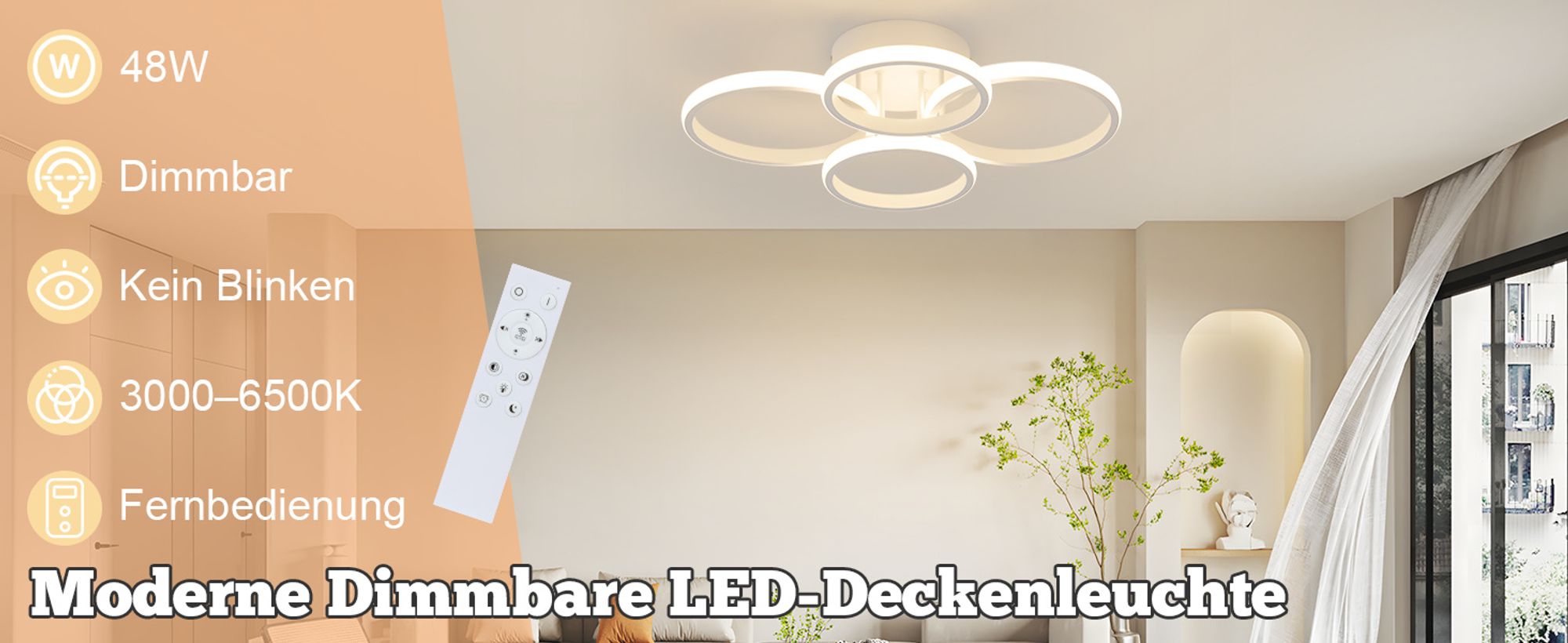 ZMH Deckenlampe LED Deckenleuchte Wohnzimmer Dimmbar Wohnzimmerlampe Modern Weiß 48W Schlafzimmerlampe 55cm Design Deckenbeleuchtung 4-Ring Küchenlampe mit Fernbedienung für Haus Wohnung