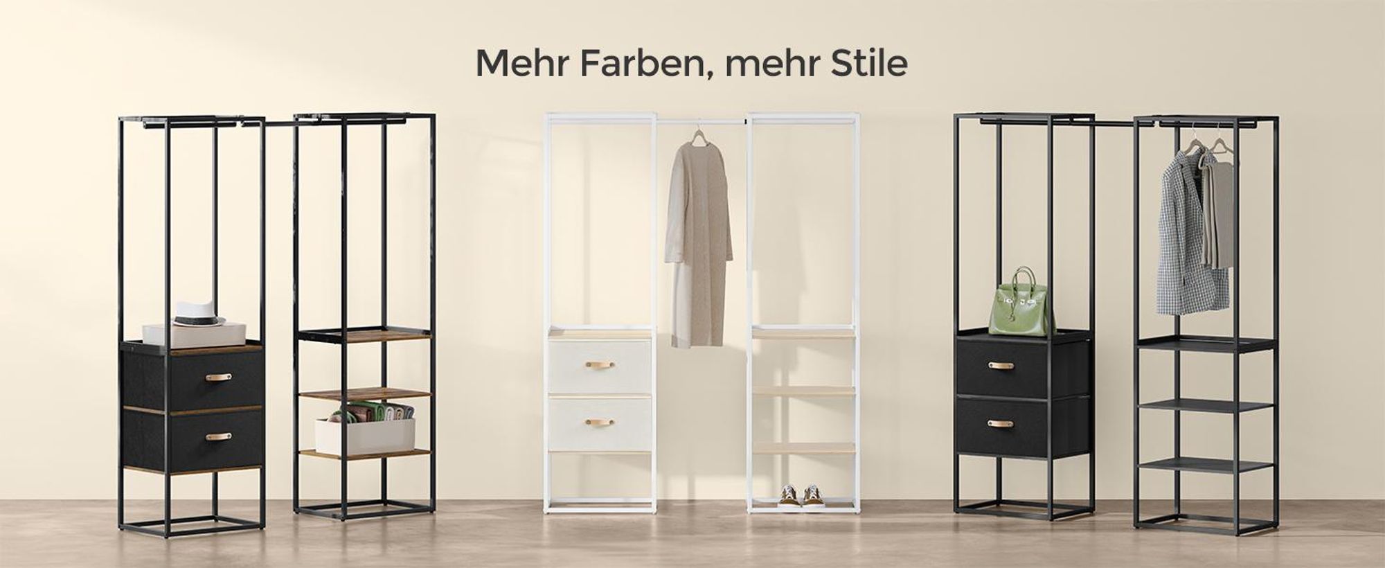 SONGMICS Kleiderständer, mit 1 ausziehbare Stange, 2 Schubladen, 4 Ablagen, hochbelastbar, platzsparend, Vintagebraun