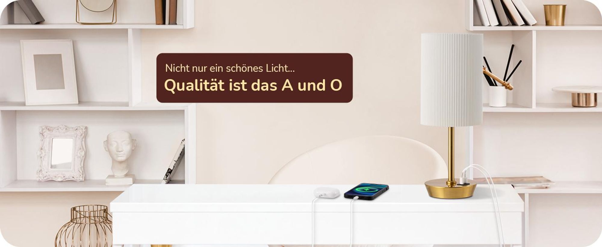 EDISHINE LED Nachttischlampe 2er Set Touch Dimmbar, Tischlampe mit Ladefunktion, Gold beige