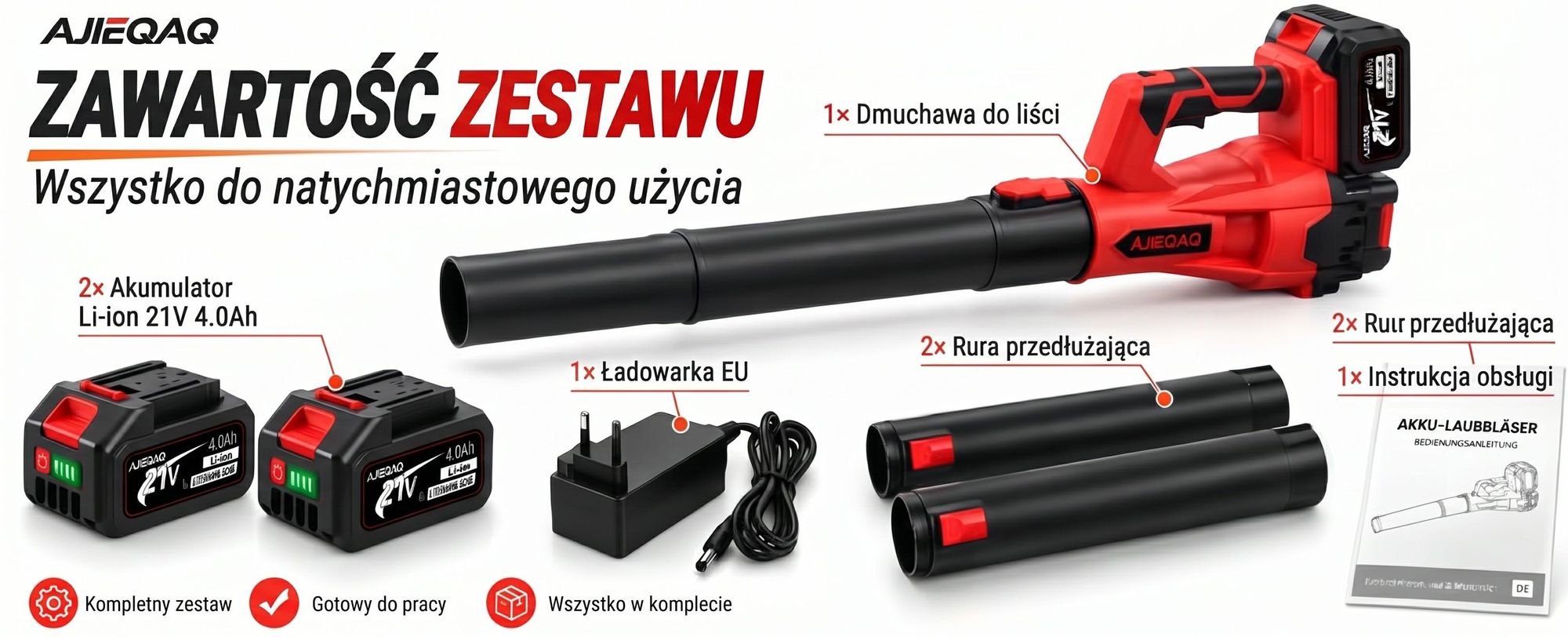 Akumulatorowa Dmuchawa do Liści 21V Brushless, 2×4,0Ah Akumulatory, 320 km/h, 6 Poziomów z Trybem Turbo, 1000W, Bezprzewodowa Dmuchawa z 2 Rurami