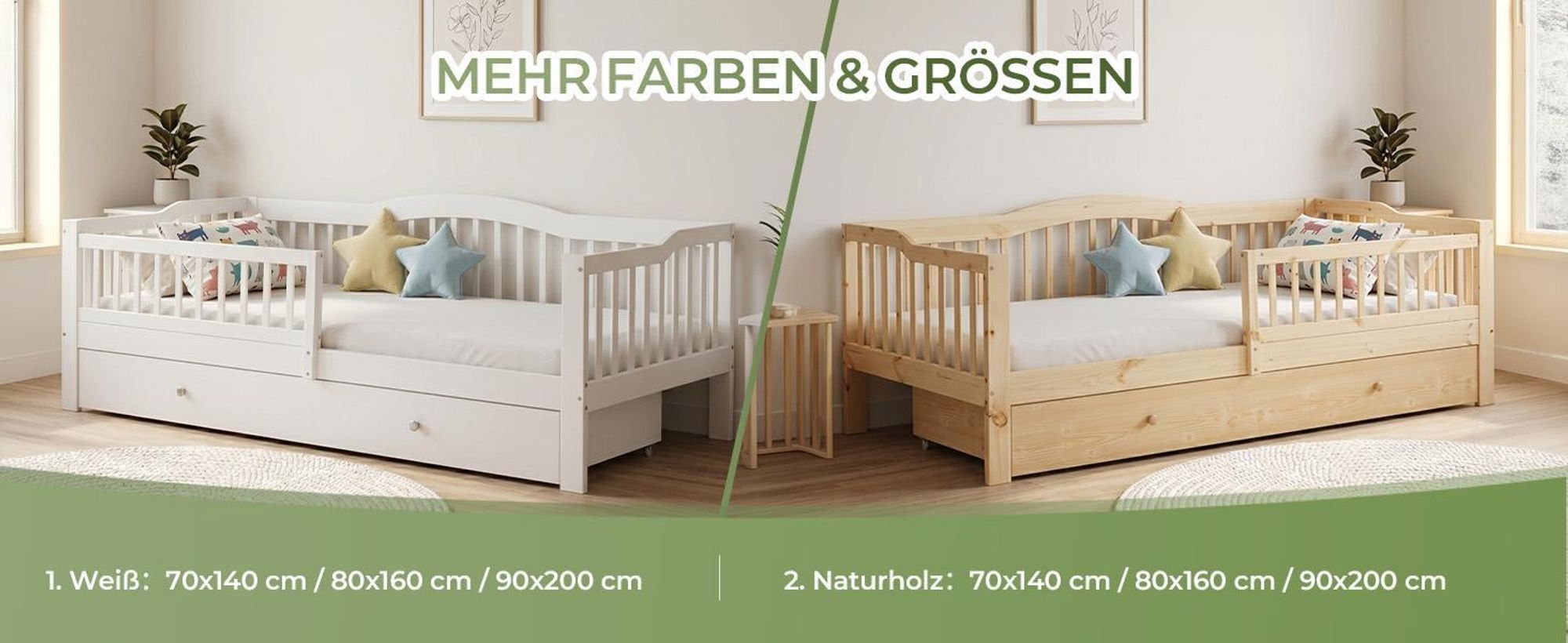 FCH Kinderbett mit Schubladen 80x160cm, Hausbett mit Lattenrost, Bodenbett mit Stauraum und Abnehmbarer Barriere, Naturbelassen