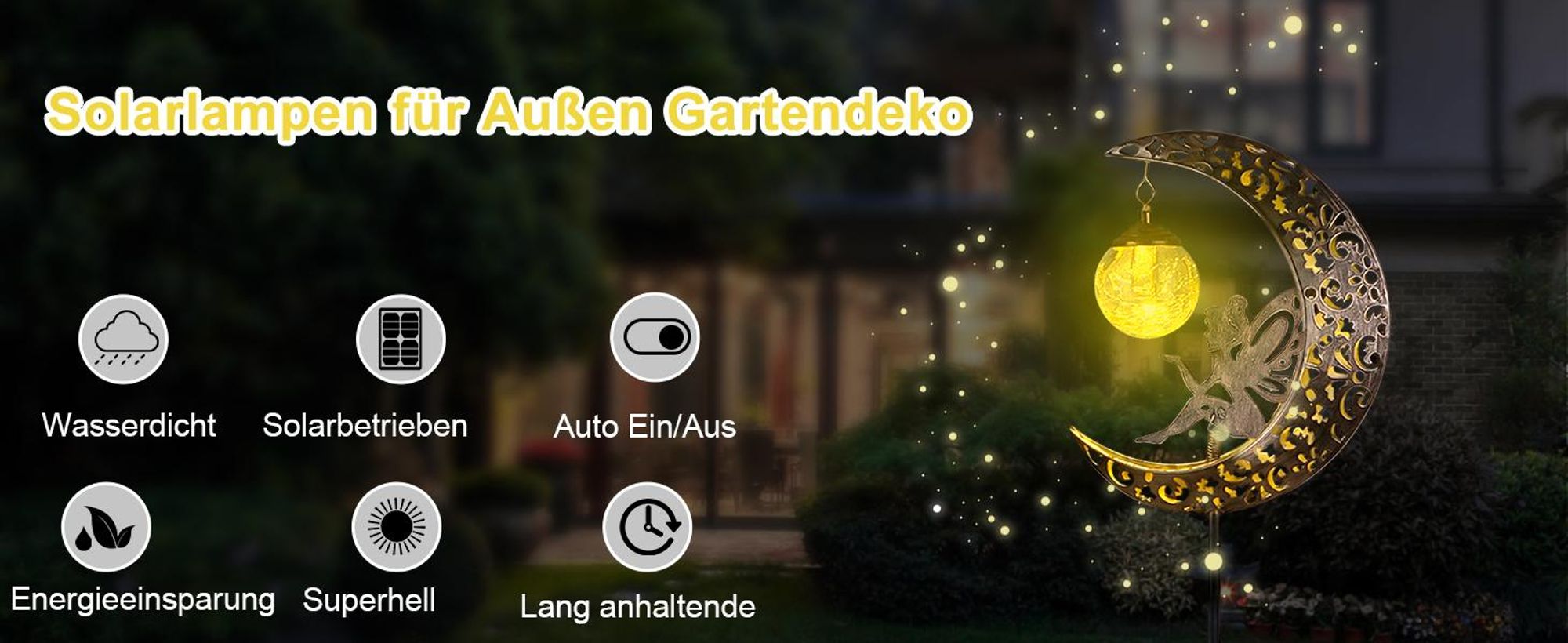 Solarlampen, Solarleuchten, Solar Gartenleuchte, Solar-Aussenleuchten, LED Glaskugel Schäferhaken, Gartendeko, Wasserdicht, Warmweiß