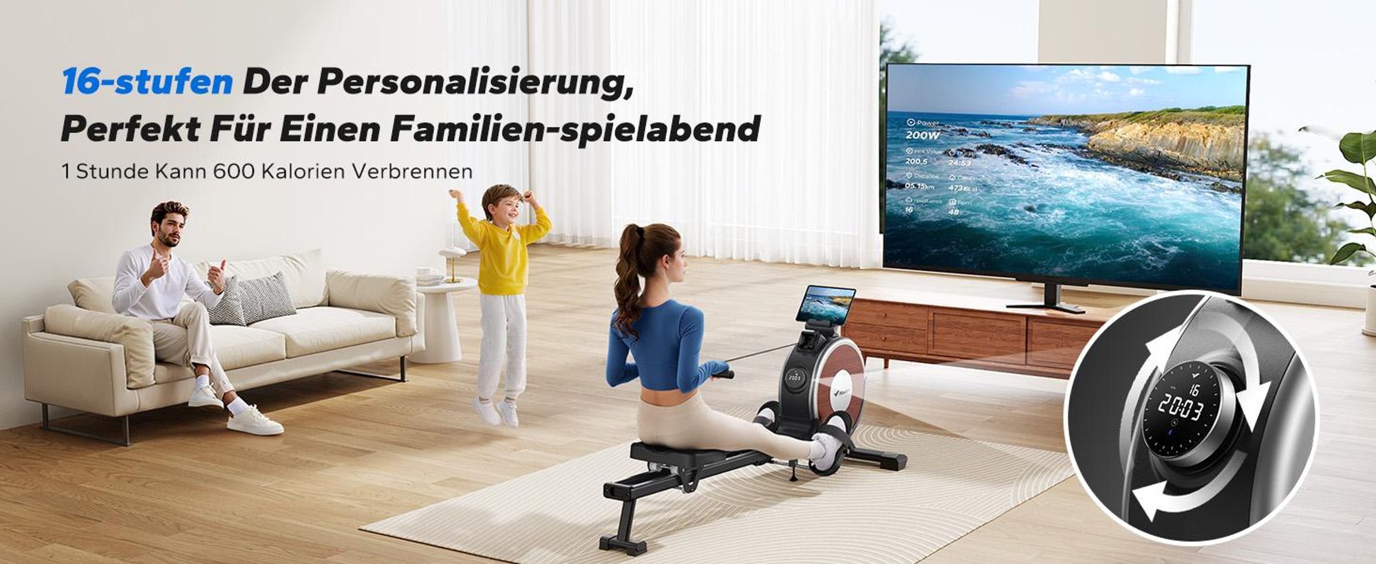 Klappbares magnetisches Rudergerät – leise, 16 Stufen Widerstand, Doppel-Schienen, Bluetooth-App & Tablet-Halter, LCD-Display, bis 158 kg, Heimfitness