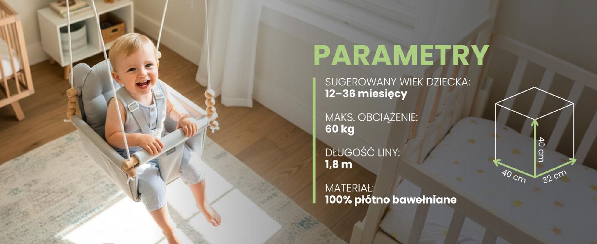 Bawełniana huśtawka dla dzieci w kolorze szarym z poduszką, na sznurkach