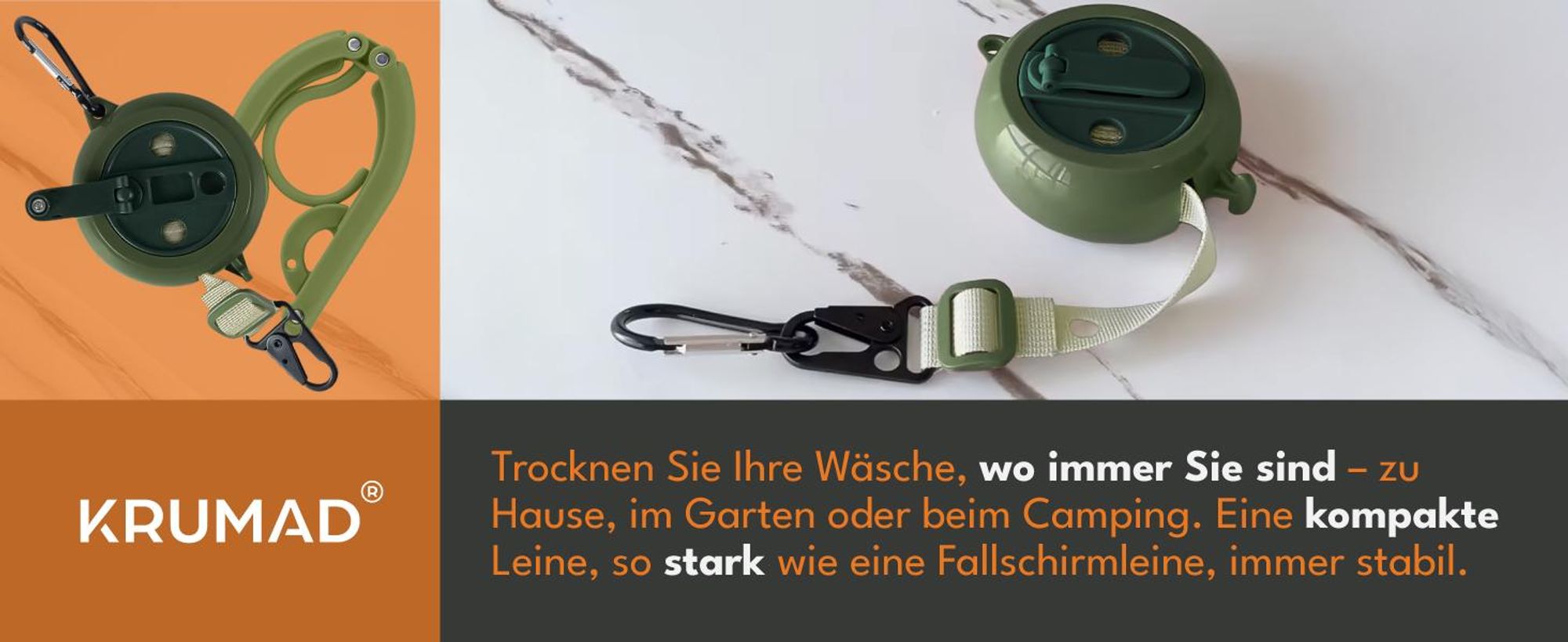 KRUMAD Ausziehbare Wäscheleine  4m - tragbare Camping-Wäscheleine mit Stahlkarabiner, klappbar, für Haushalt, Balkon, Wohnwagen & Outdoor