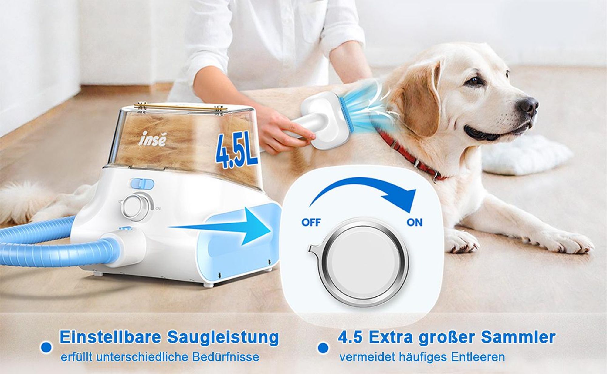 Tierhaarpflege-Set mit Absaugung 5 in 1, Hundeschermaschine & Tierhaarstaubsauger, 13 kPa, 4,5 L Staubbehälter, leise, für Hunde und Katzen