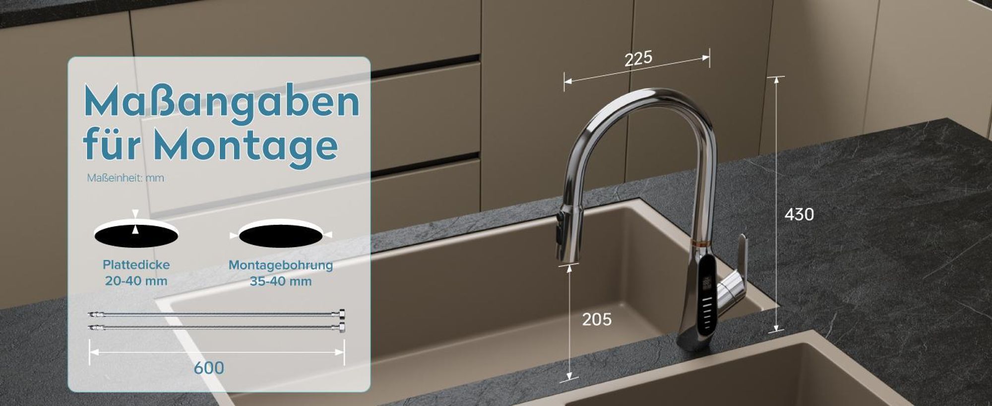 doporro Wasserhahn Küche Hochdruck mit Digitalanzeige, Ausziehbare Vollmessing-Körper Spültischarmatur, Einhebel-Mischbatterie Küche Schwarz MS-8085