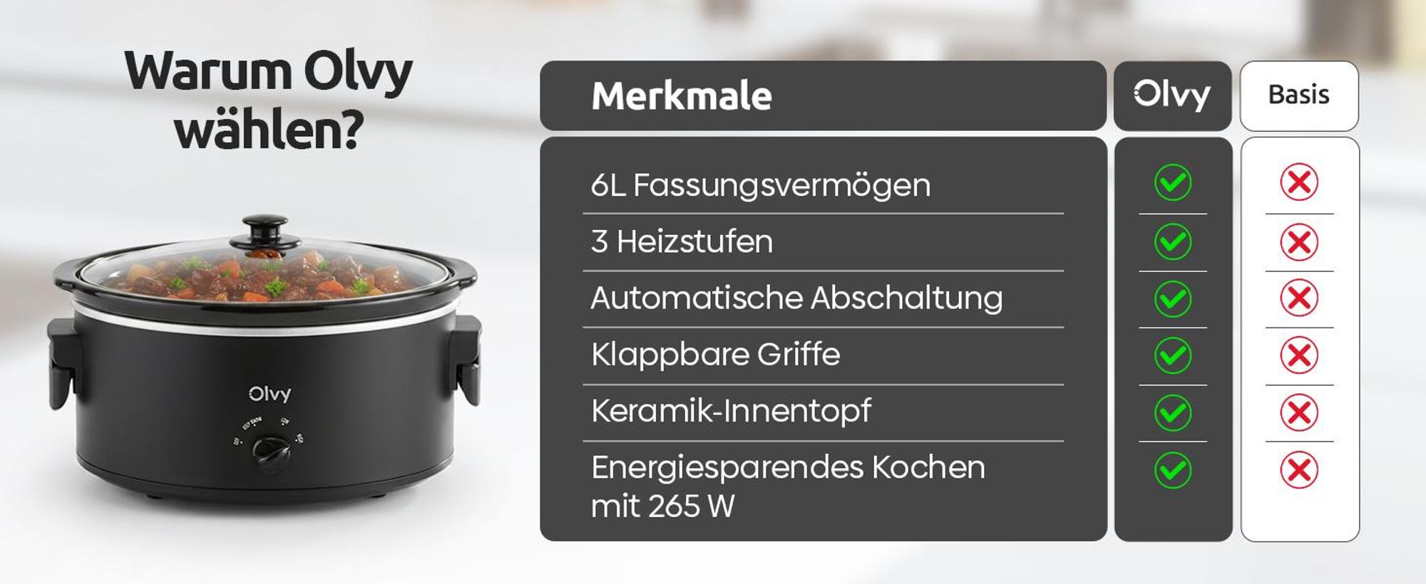 Olvy Slow Cooker 6L – Keramischer Innentopf – inkl. Kochbuch – Warmhaltefunktion