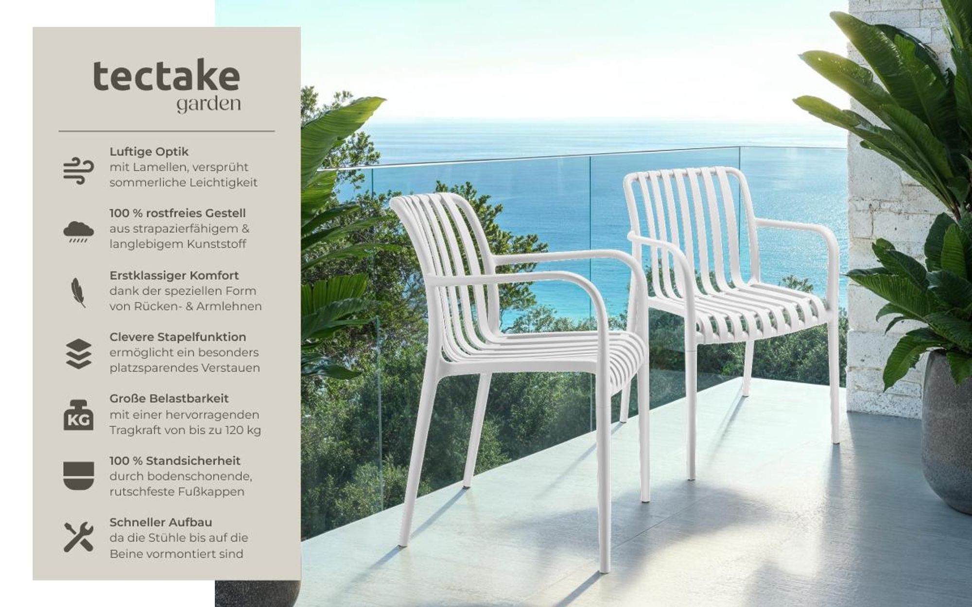 tectake® Gartenstühle Alcudia, wetterfest, stapelbar