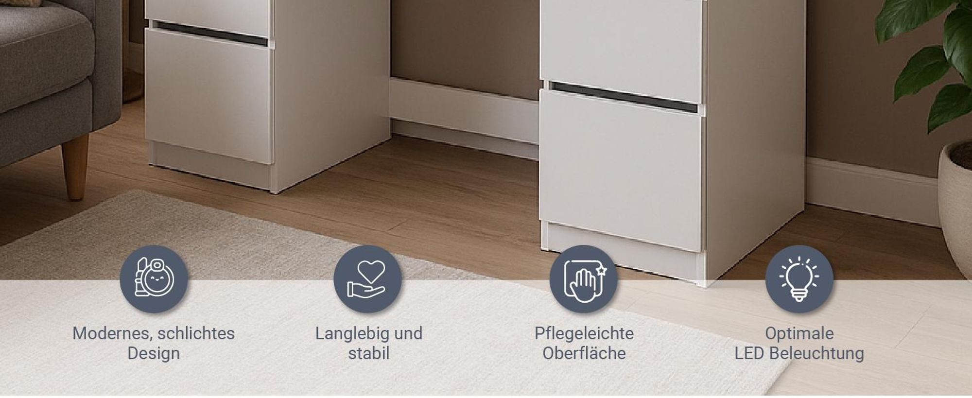 Juskys Schminktisch Talea mit LED, 7 Schubladen & großem Spiegel – Weiß