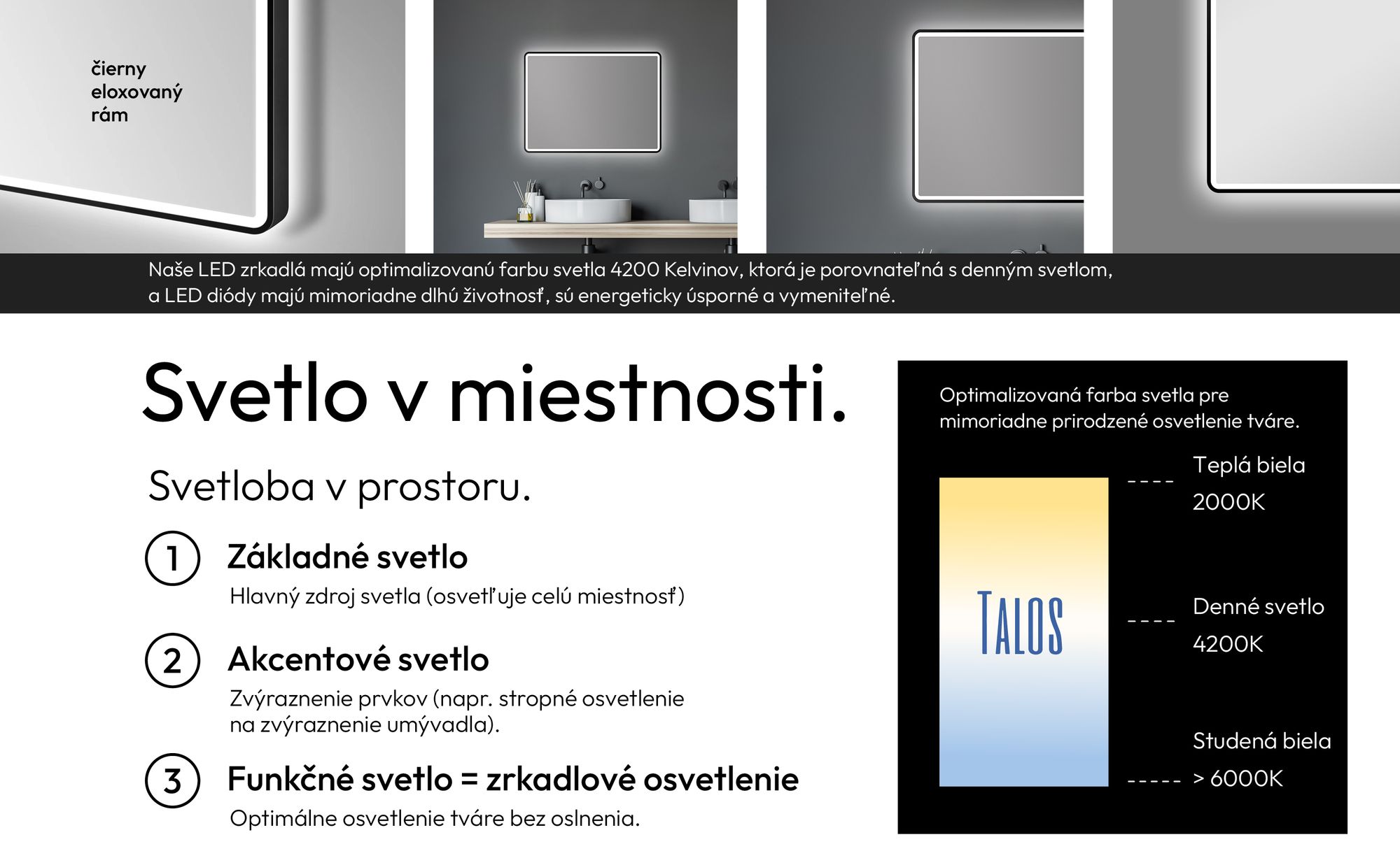 Kúpeľňové zrkadlo LED TALOS 80x60 cm - kúpeľňové zrkadlo vhodné do vlhkých miestností s osvetlením matný čierny hliníkový rám nástenné zrkadlo svetelný rám