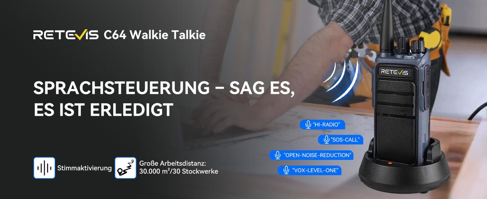 Retevis C64 Funkgeräte set, Professionelles Walkie Talkie Intelligente Spracherkennungs, 2500 mAh, Rauschunterdrückung, Handfunkgerät mit Headset