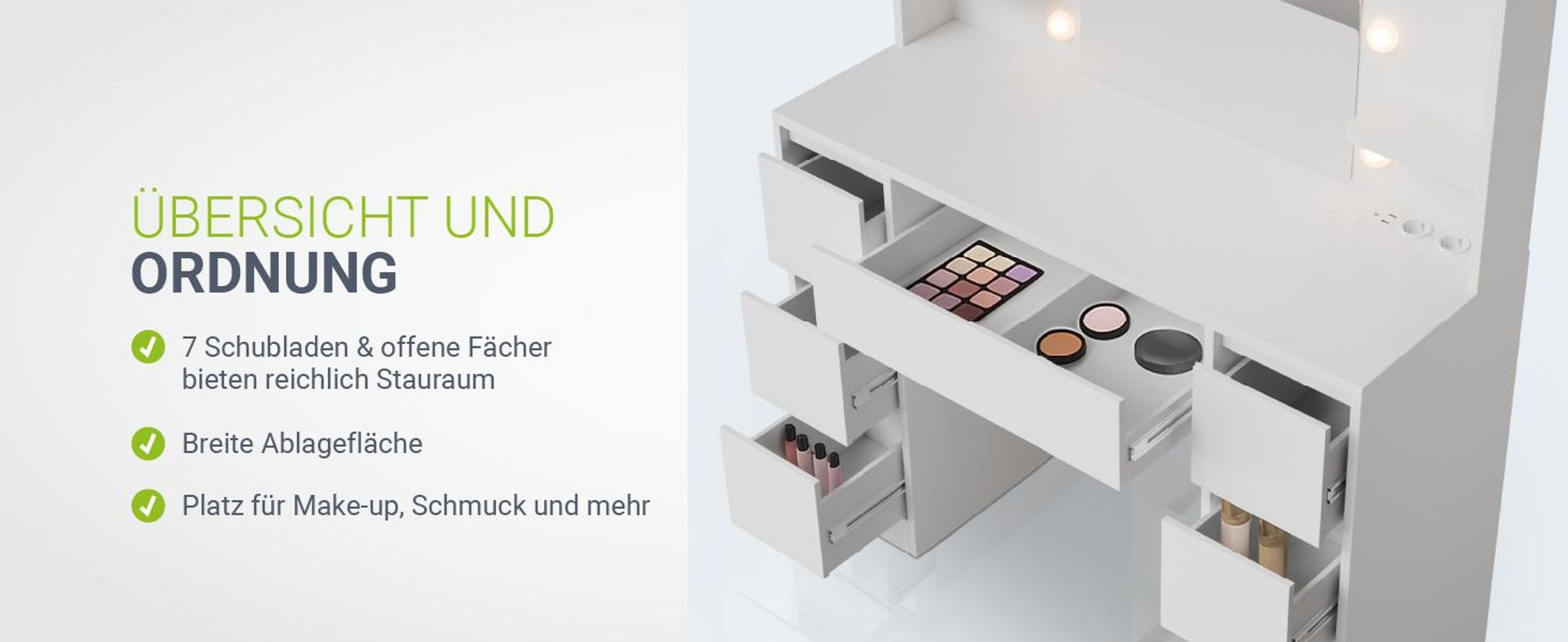 Juskys Schminktisch Malia und Hocker Tonia mit LED, 7 Schubladen & großem Spiegel – Weiß