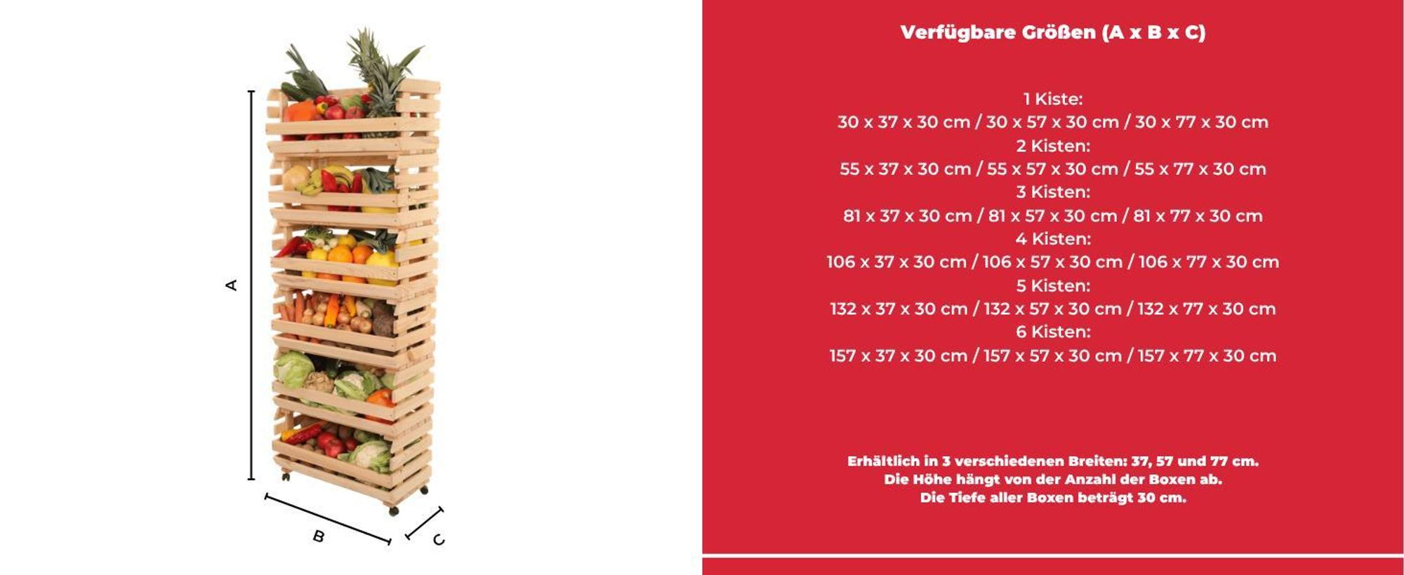 MODO24 Gemüseregal Holz, 5 Holzkisten, Kartoffelsteige, Obstregal, Rollenregal, Stapelbar, Vorratsregal, Massivholz Kiefer, 132x37x30 cm, Natur, RAWA