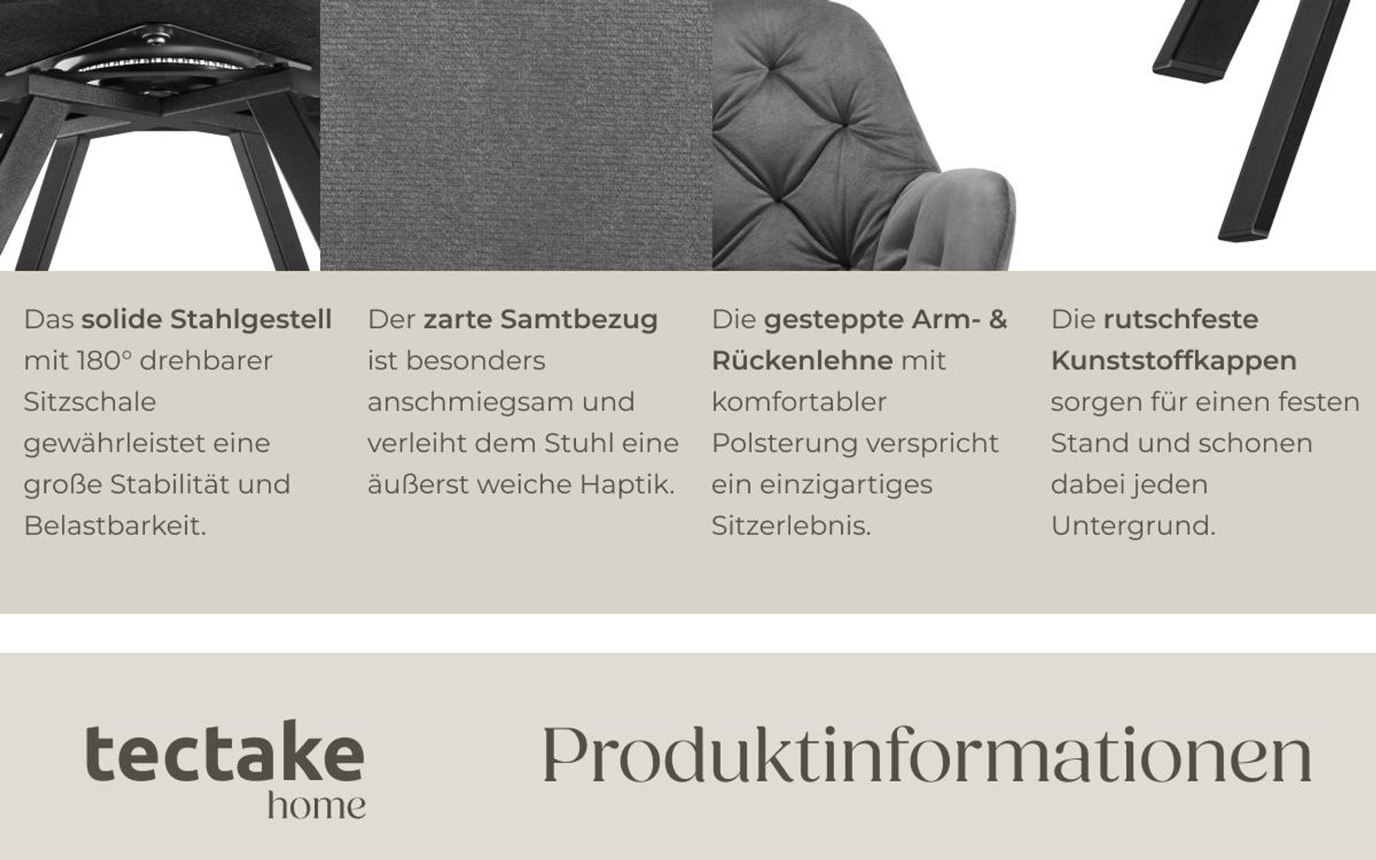 tectake® Drehbarer Samt-Armlehnstuhl Lucia gepolstert, mit Steppmuster 58 x 58 x 87 cm