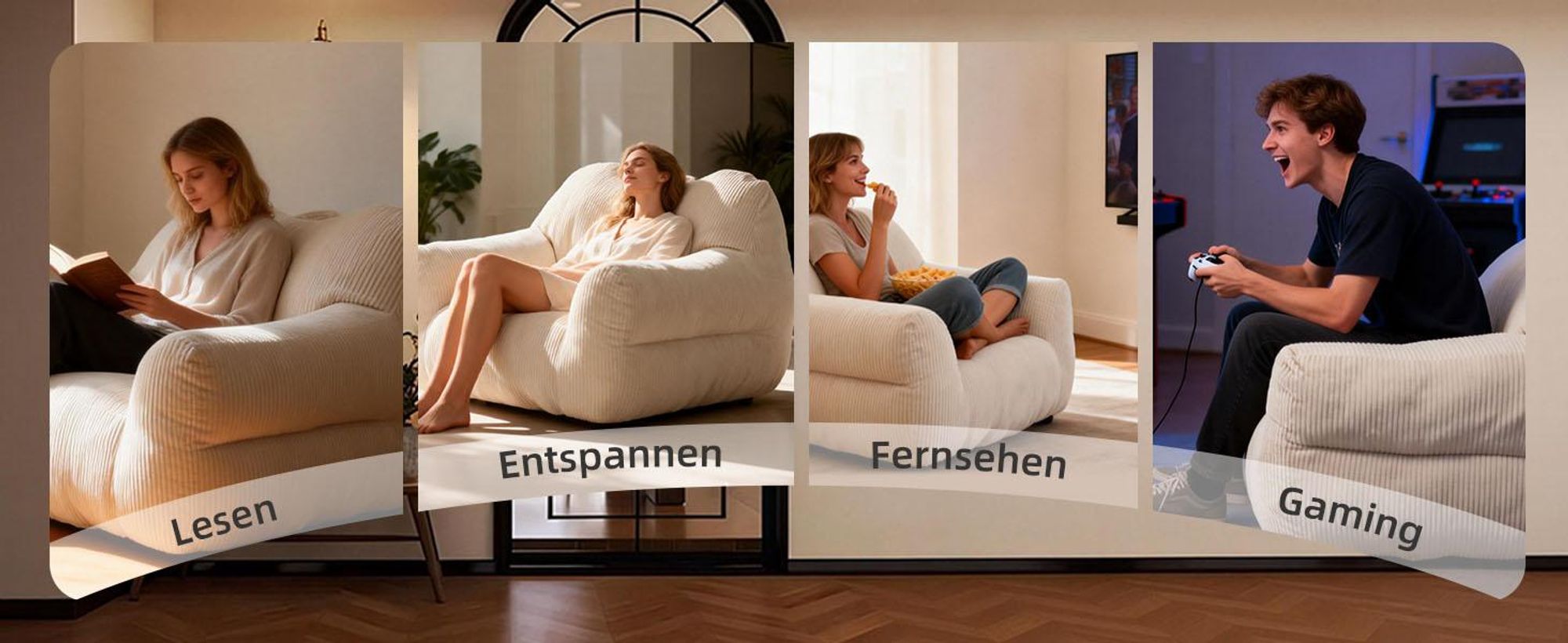 Übergroßer Sitzsack für Erwachsene, Füllung aus Schaumstoffflocken, flauschiges Bodensofa, quadratisch, Beige