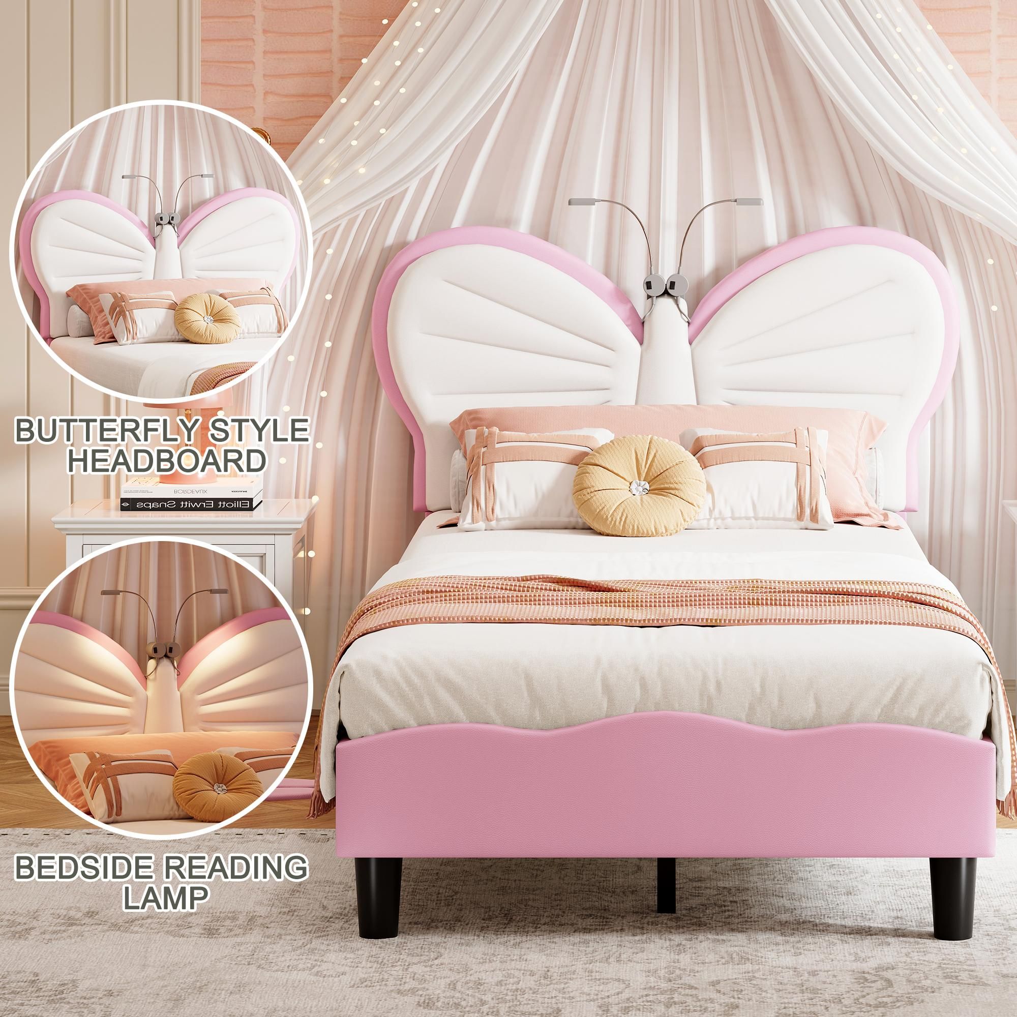 Kinderbett Polsterbett 90x200cm, Einzelbett Bettgestell mit LED-Leselampe, verstellbarem Kopfteil, Jugendbett für Jungen & Mädchen, Samt, ohne Matratze, Rosa