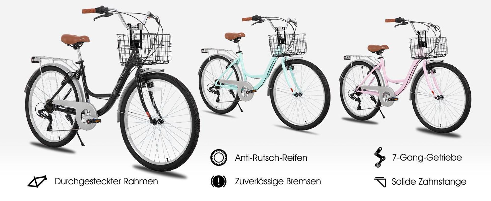 Hiland 26 Zoll Cityräder für Erwachsene, Step-Through Rahmen Damenfahrrad mit Gepäckträger und Korb, Herren und Damen 7 Gang City-Pendlerfahrrad