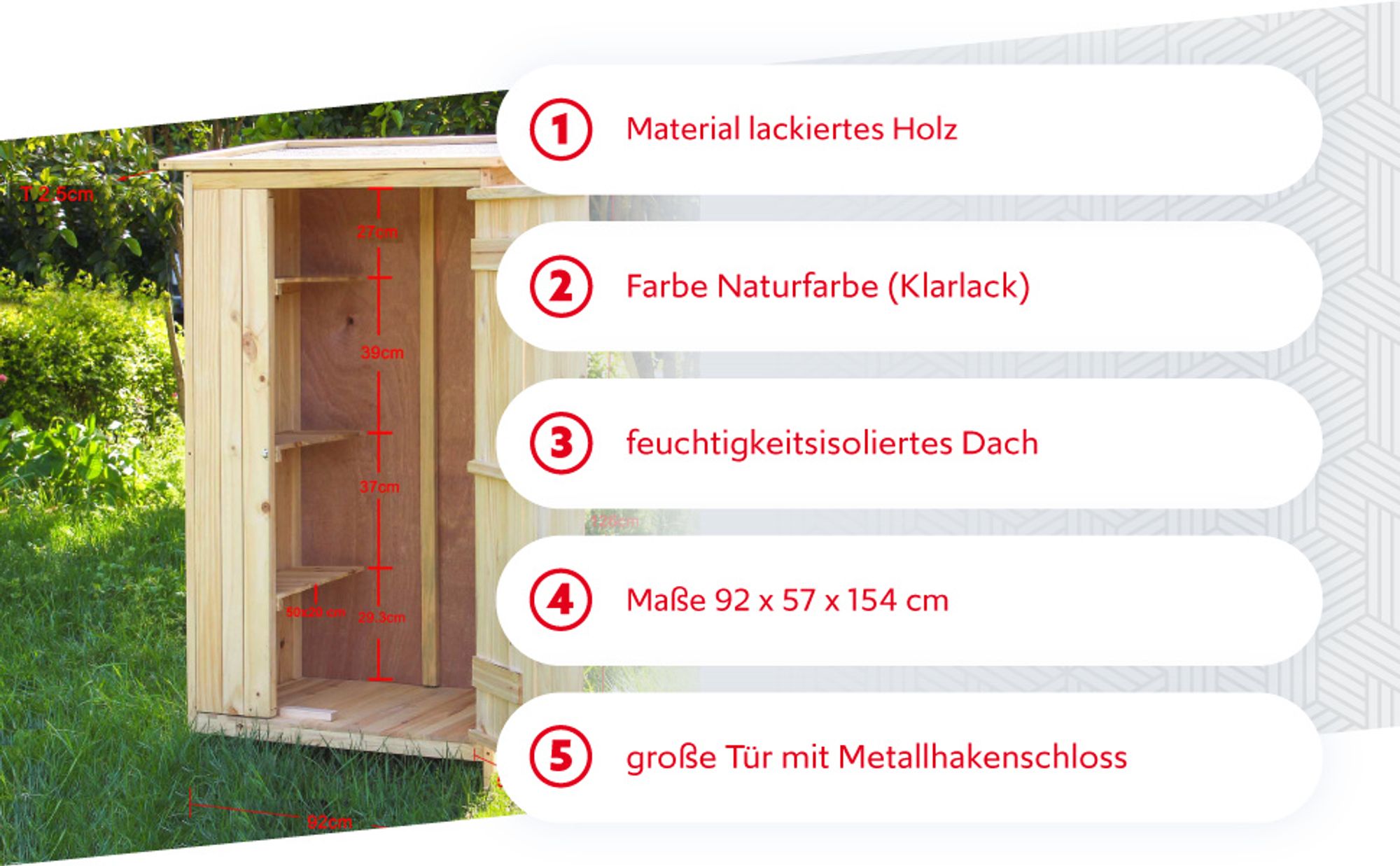 Wiltec Gartenhaus mit 1 Tür in Naturfarbe holz 92 x 57 x 154cm Gerätehaus für den Garten Geräteschuppen Gartenschrank Geräteschrank