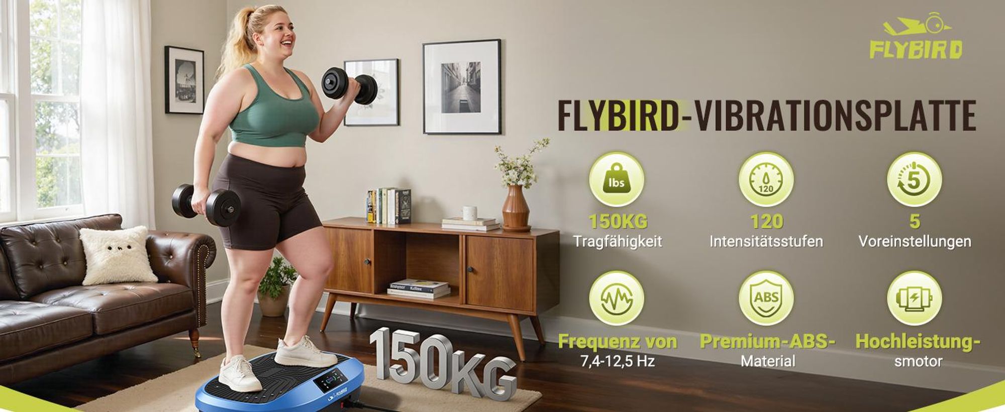 FLYBIRD Vibrationsplatte,120 Leistungsstarke einstellbare Geschwindigkeiten mit 150KG Tragkraft