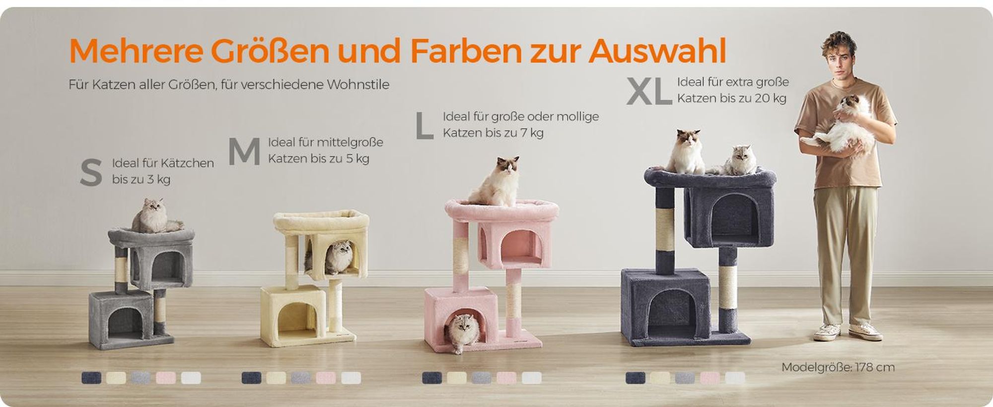 FEANDREA Kratzbaum, L Katzenbaum, mit 2 Häuschen, 101 cm, kompakt, cremeweiß