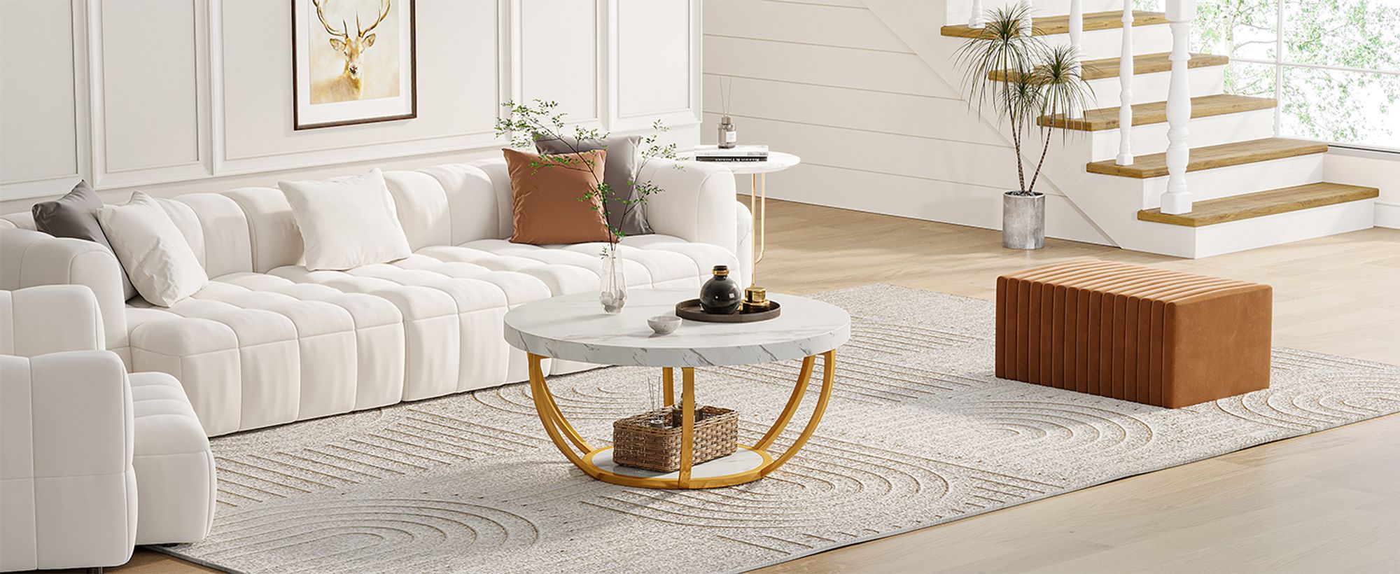 Tribesigns Moderner runder Couchtisch, 2-stöckiger Couchtisch mit weißem Marmor und goldenen Metallbeinen, runder Mitteltisch, Teetisch, Weiß und Gold