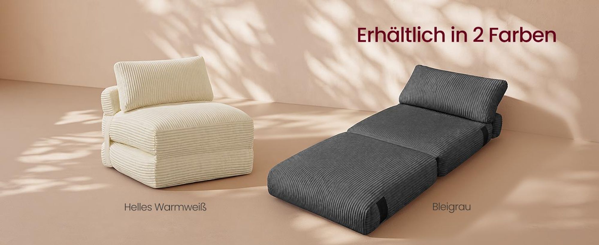 VASAGLE Faltbarer Schlafsessel aus Cord und Schaumstoff, Sofabett mit Kissen, 89 x 89 x 78 cm / 89 x 195 x 43 cm, Grau