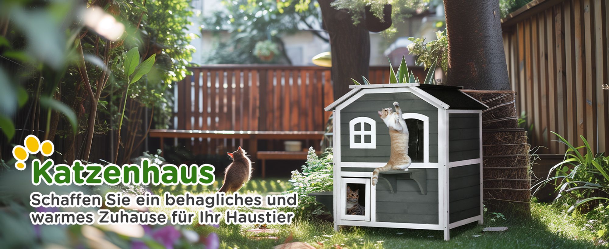 PawHut Katzenhaus mit Asphaltdach, Outdoor Katzenhütte mit Treppen, 2-Etagen Katzenvilla, Wasserfest, Garten, Tannenholz, Grau, 99,5 x 76 x 91 cm