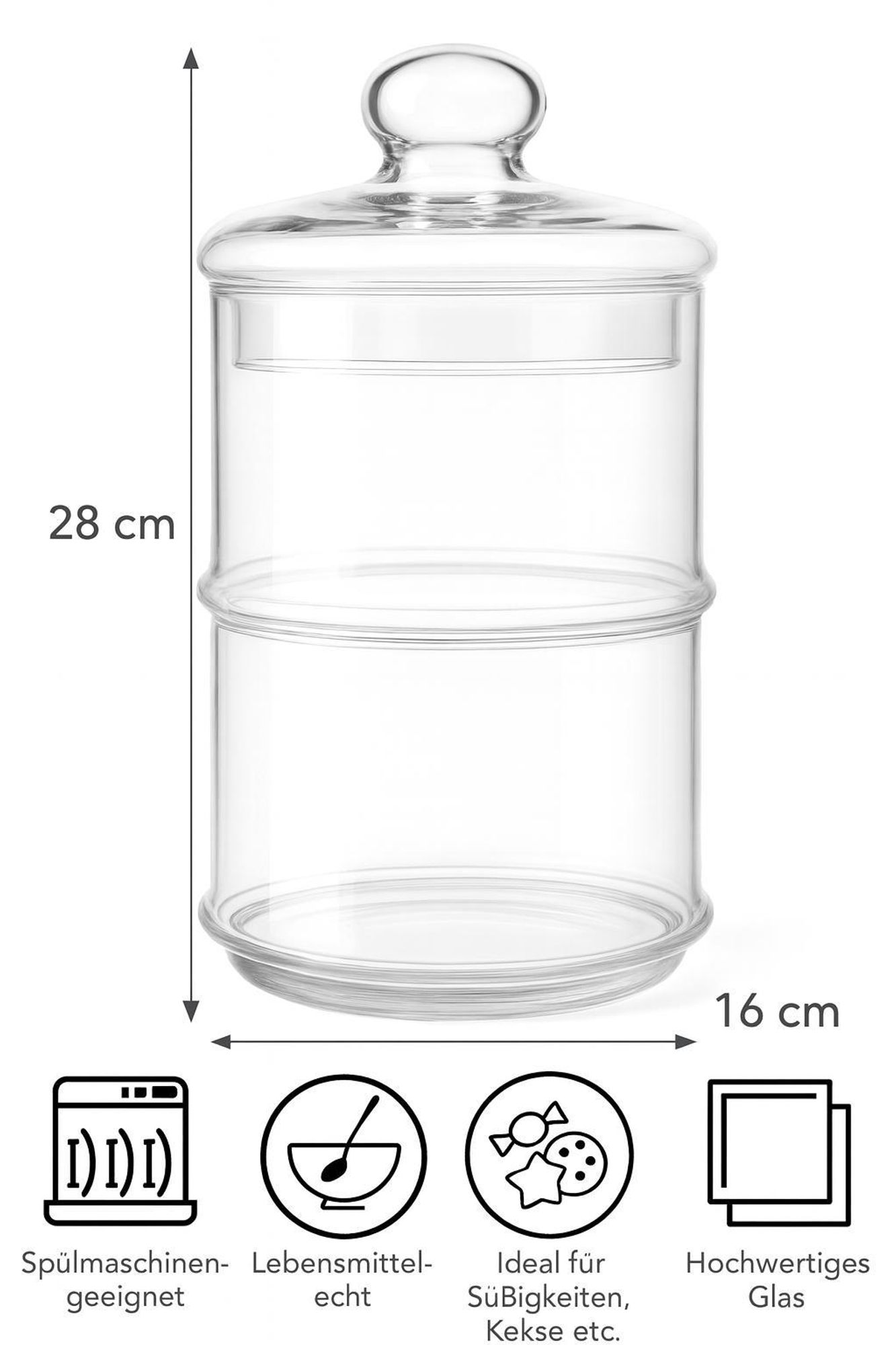 Bonboniere Glas mit Deckel – Vorratsglas 2-stöckig stapelbar – Glasbehälter für Süßigkeiten, Kekse, Pralinen, Snacks – Aufbewahrungsglas Küche & Deko