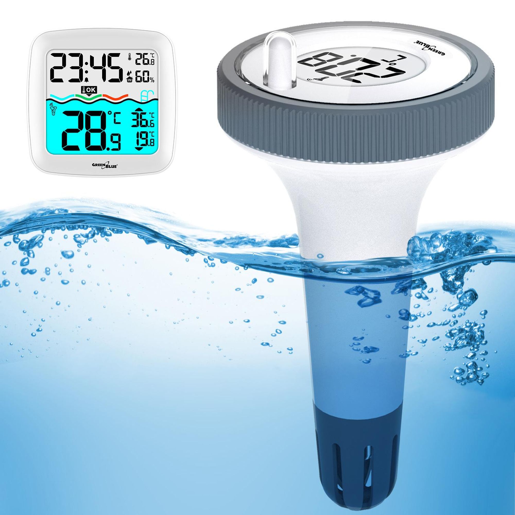 Temperaturstation mit Poolthermometer Digitales Funk-Poolthermometer Schwimmendes Thermometer Pool SPA DCF-Funkuhrfunktion