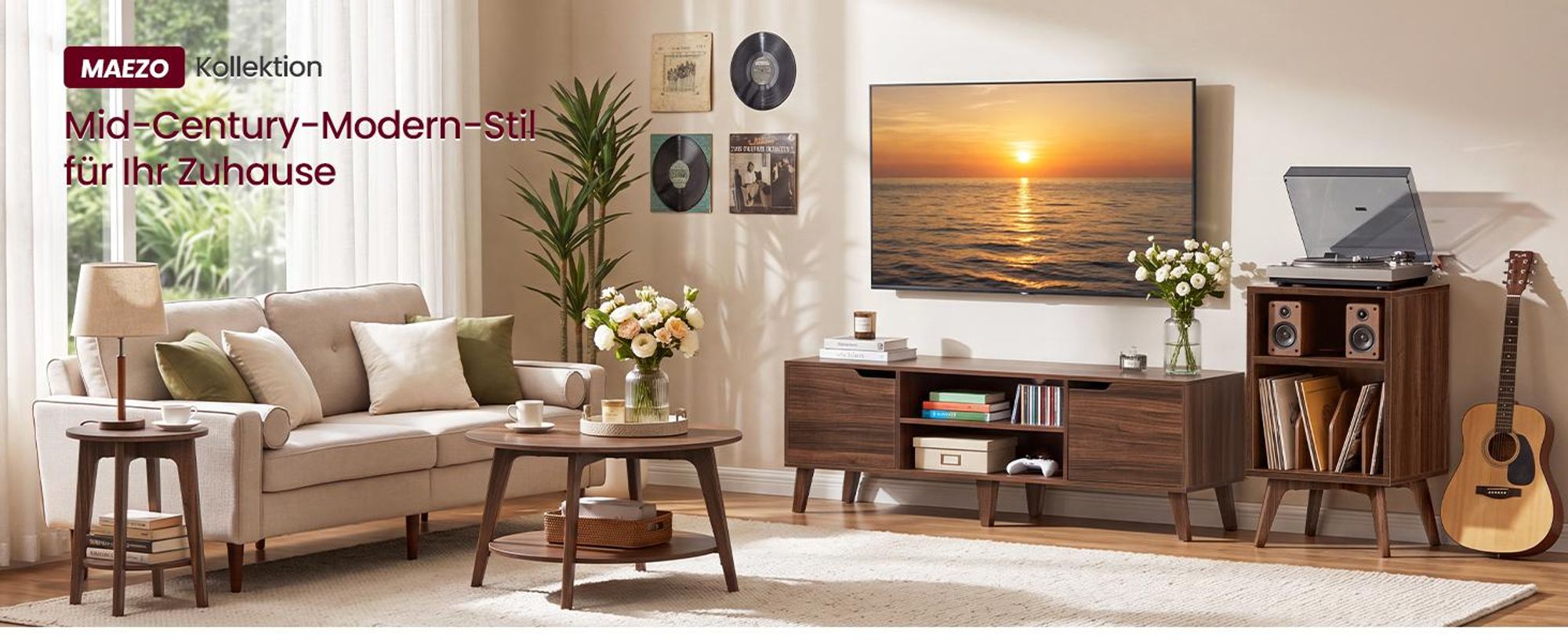 VASAGLE Plattenspielerständer für 160 Schallplatten Beistelltisch Mid-Century Modern 48 x 40 x 80 cm Kastanienbraun