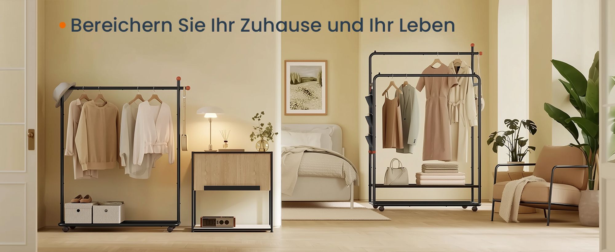 Kleiderständer auf Rollen, Garderobenständer, 2 Hängestangen