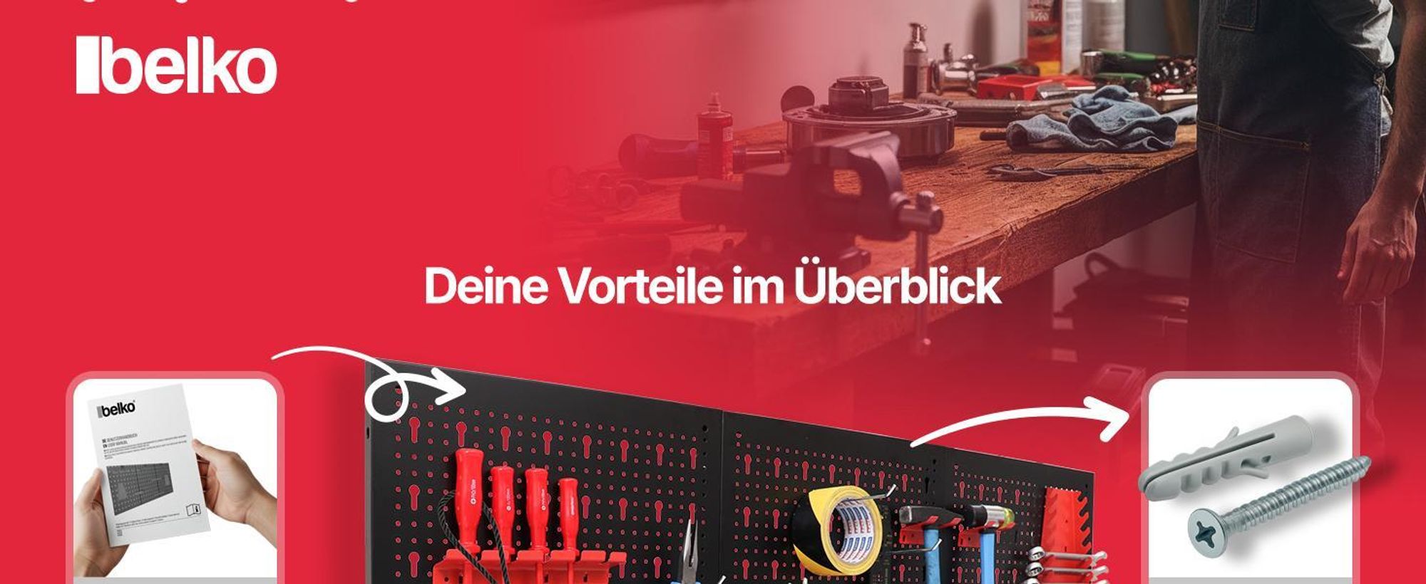 Belko® Werkzeugwand Grau 120x60 cm | Metall Pegboard mit 17-teiligem Haken & Regal | Werkstatt, Garage, Keller
