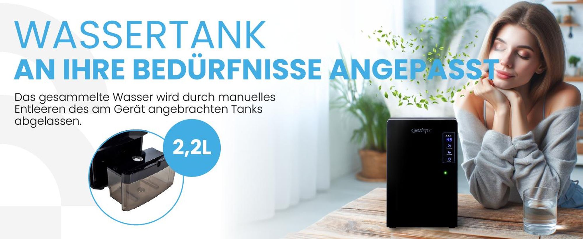 Luftentfeuchter elektrisch Lufttrockner mit Timer Maltec Dh-2200 Auto-Abtaufunktion , 2,2l Kapazität  Weiss effizient 90W