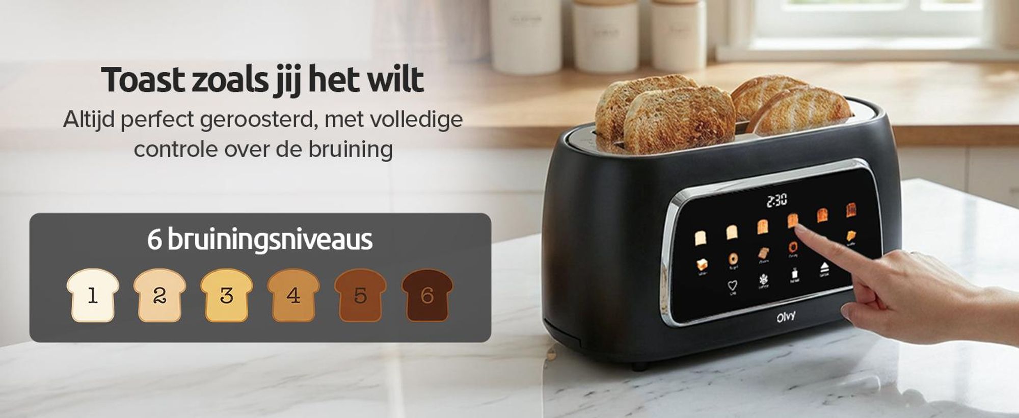 Olvy Broodrooster, 4 sleuven, lange sleuven, digitaal display met timer, 6 bruiningsgraden, brede sleuven, ontdooifunctie en opwarmfunctie, 1500W, zwart