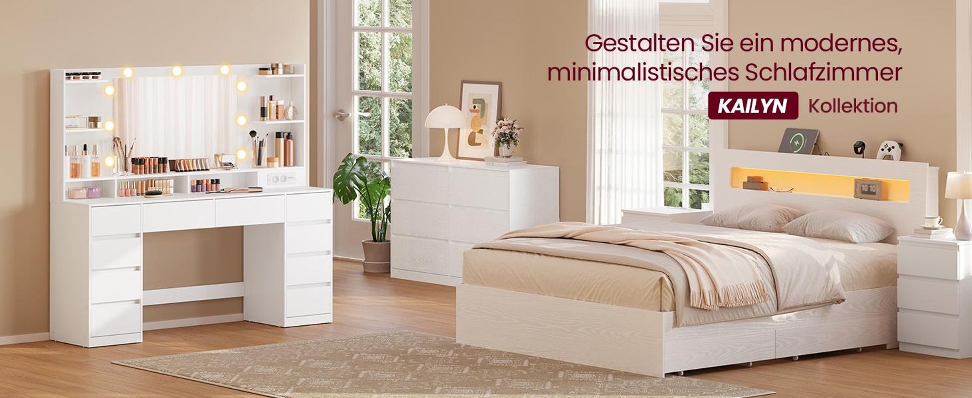 VASAGLE Schminktisch mit Spiegel und Beleuchtung, 10 Schubladen und Ladestation, 137 x 40 x 144,3 cm, Weiß