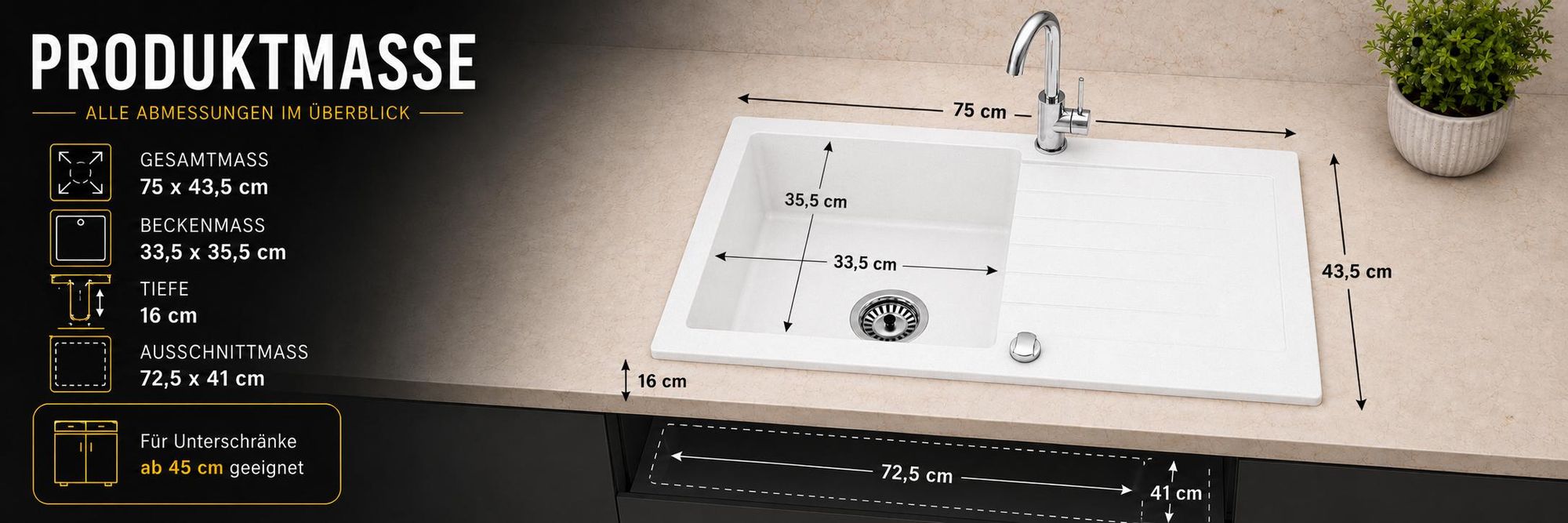 [Granitspüle 76x44 Weiß ] Hochwertig beidseitig Montierbar Küchenspüle Eckig Einbaugranitspüle Granit Spülbecken f. Unterschränke ab 45 cm inkl.Sipho