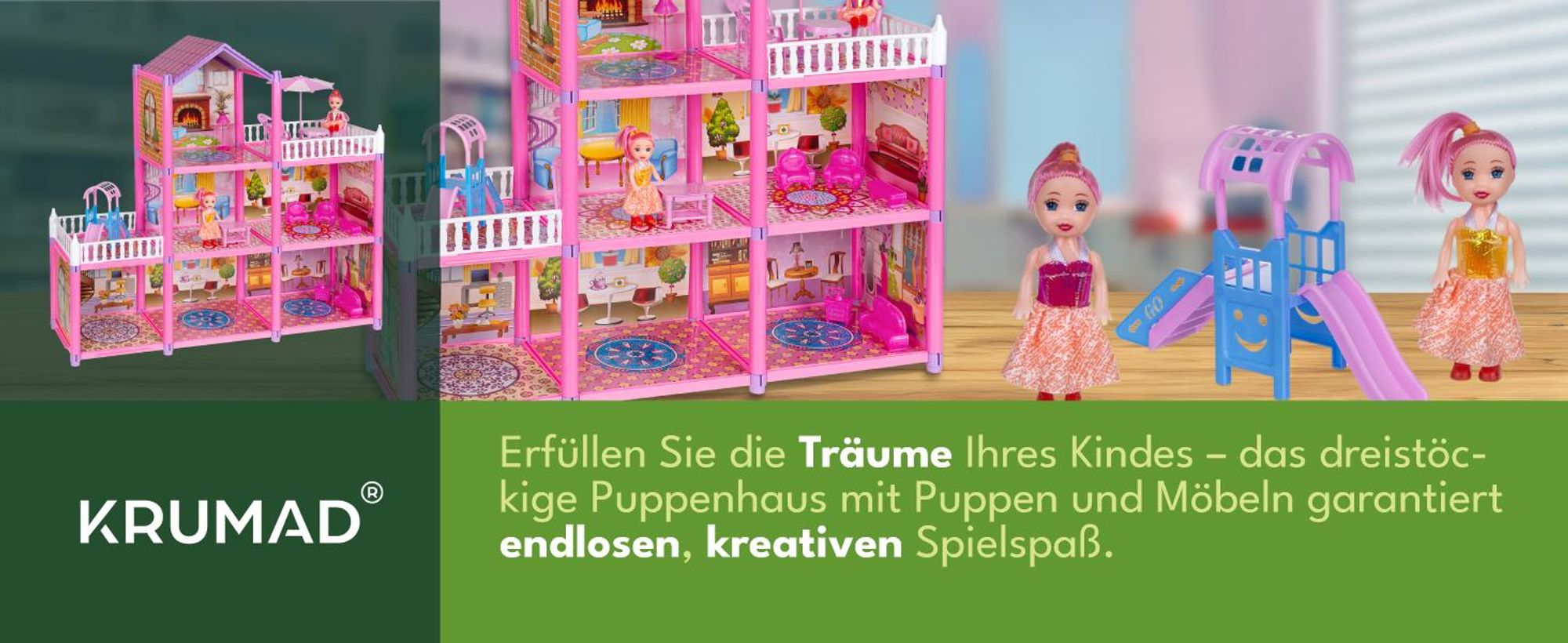 KRUMAD Puppenhaus 3 Etagen 129-teilig mit 2 Puppen, Möbel & Zubehör, Spielhaus mit Rutsche & Terrassen, Spielzeug ab 3 Jahren