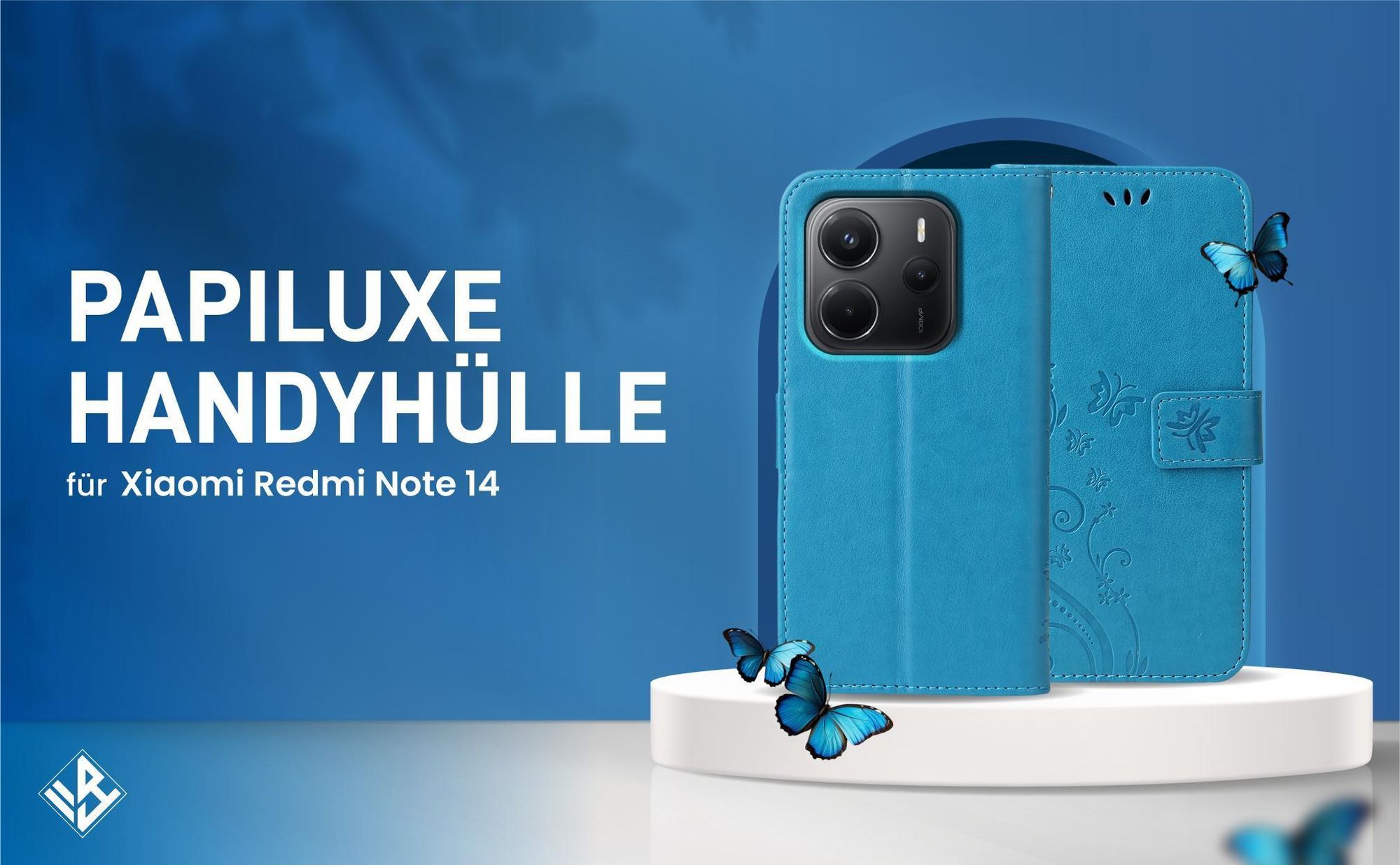 Blaue Klapphülle im Schmetterling Design für Xiaomi Redmi Note 14 mit Wallet-Funktion