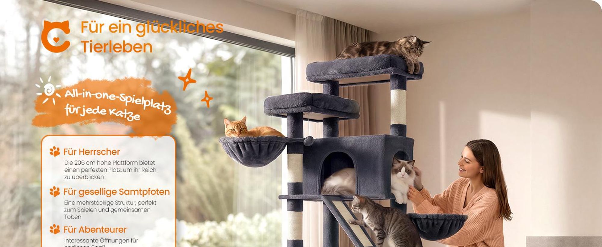 FEANDREA Kratzbaum XXL für Große Katzen mit 7 Ruhezonen und Sisal 55 x 45 x 205 cm Dunkelgrau