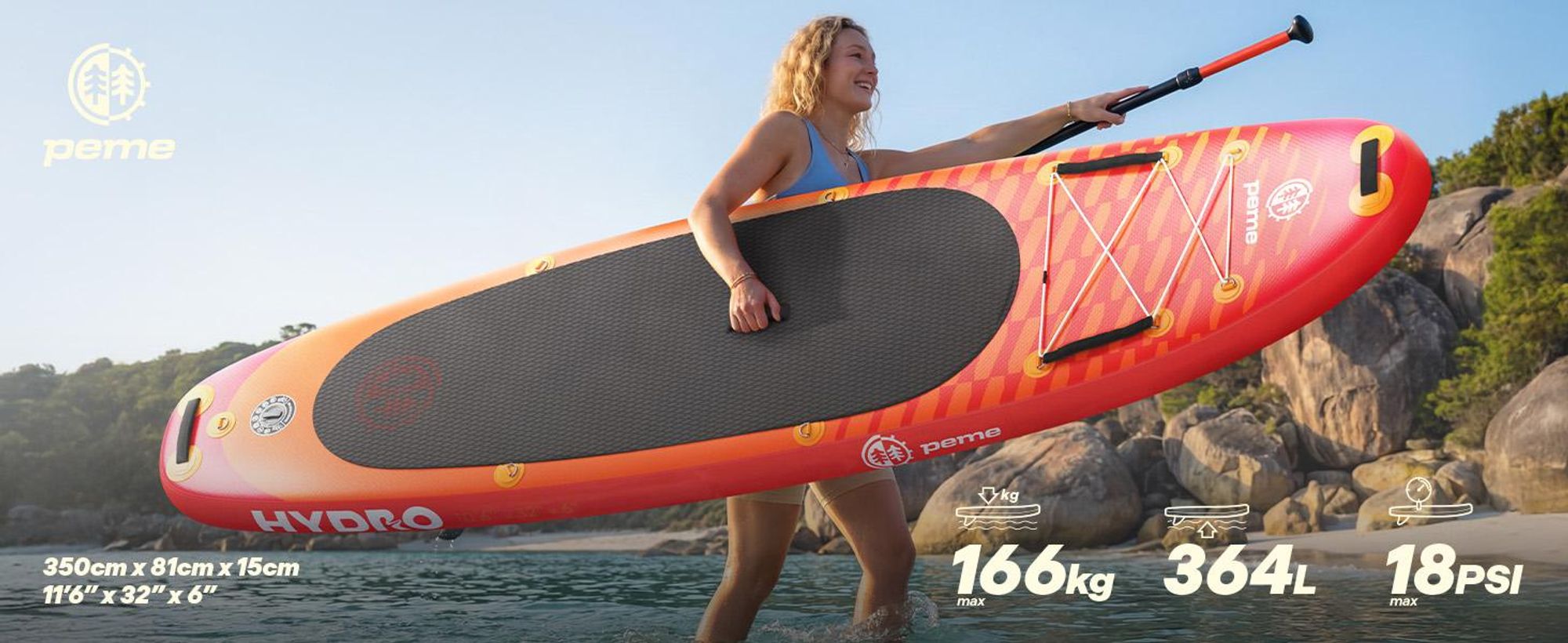 PEME Stand Up Paddle Board - Sunset Orange -  350 cm - Dopple Paddel und komplette Zubehöre, SUP, Surfboard aufblasbar, bis 166 Kg,- Rot &Orange