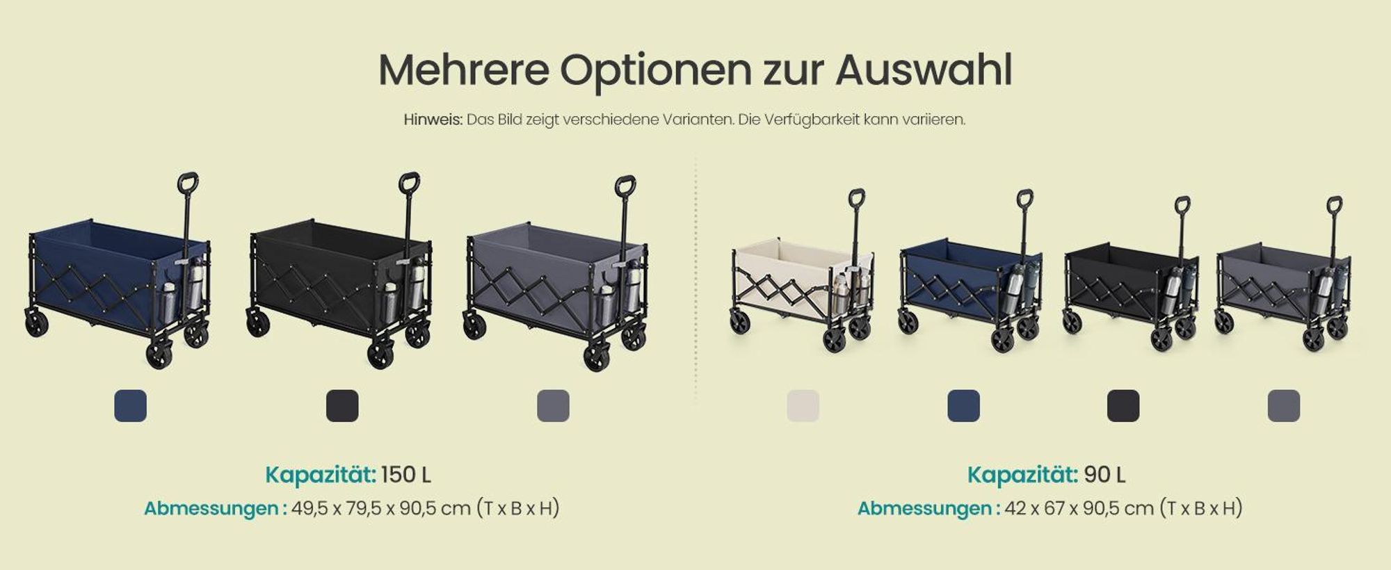 SONGMICS Faltbarer Bollerwagen, Transportwagen mit Griff, 4 verstärkte Rollen, 150 L, Outdoor, bis 150 kg, Garten, dunkelgrau