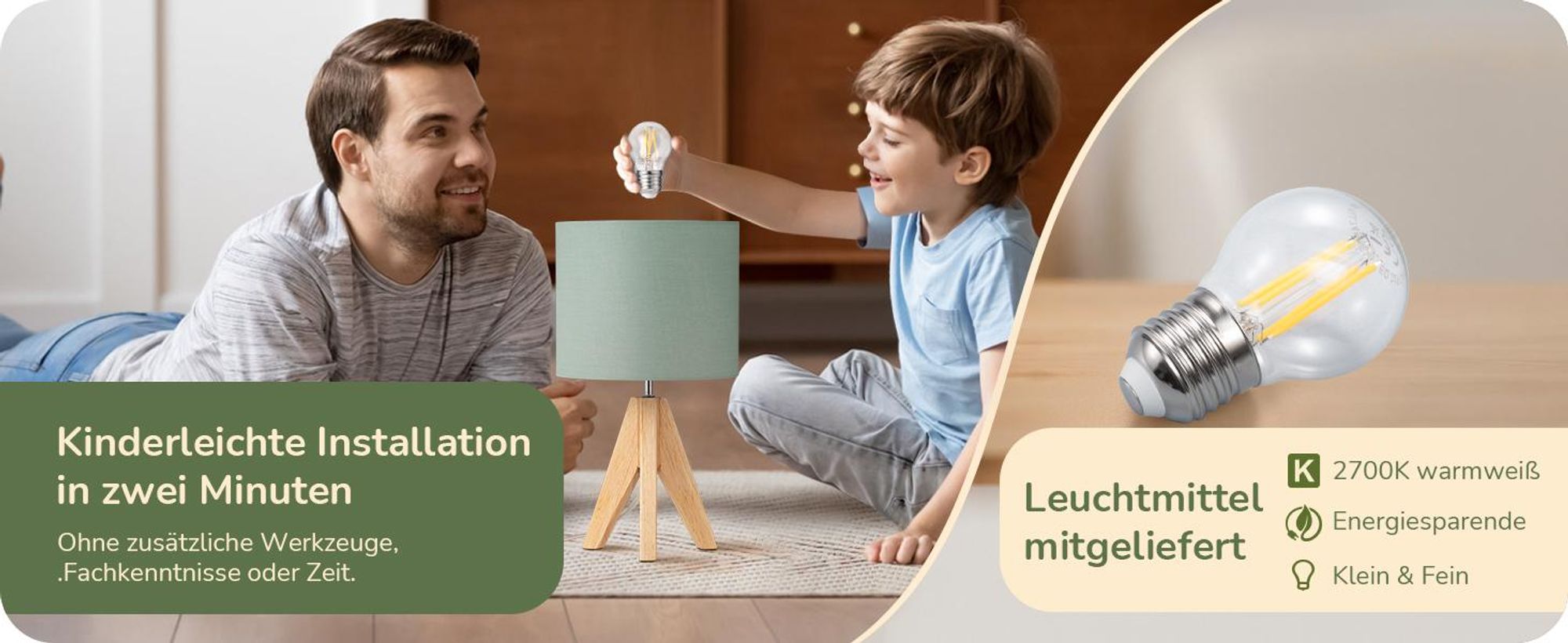 EDISHINE Tischlampe Holz,LED Nachttischlampe mit Glühbirne, E27 Tischleuchte mit Schirm, Grün
