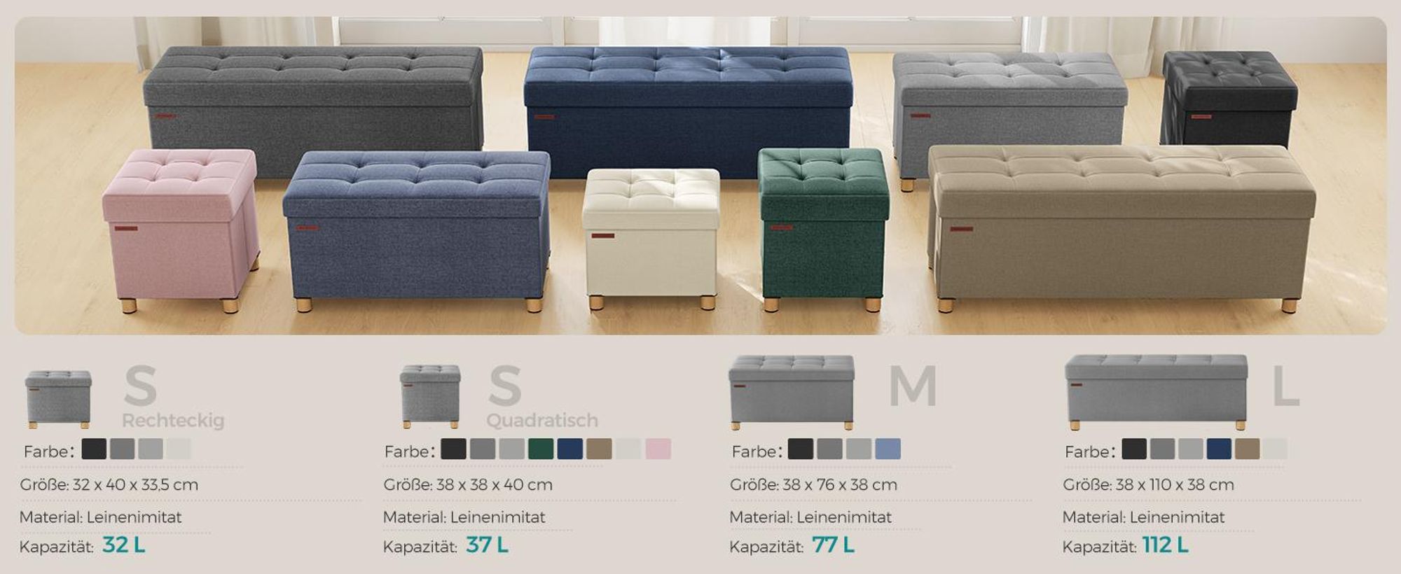 SONGMICS Sitzhocker, 77L, klappbare Sitztruhe, Aufbewahrungsbox, Hellgrau